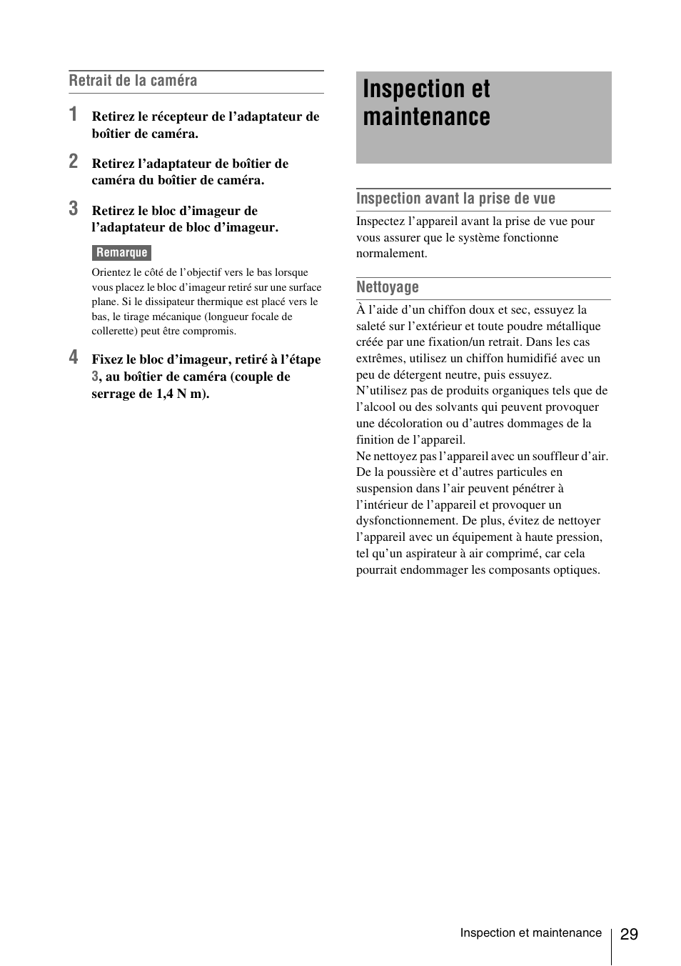 Inspection et maintenance | Sony FA-WRC1M Wireless Radio Commander User Manual | Page 29 / 81