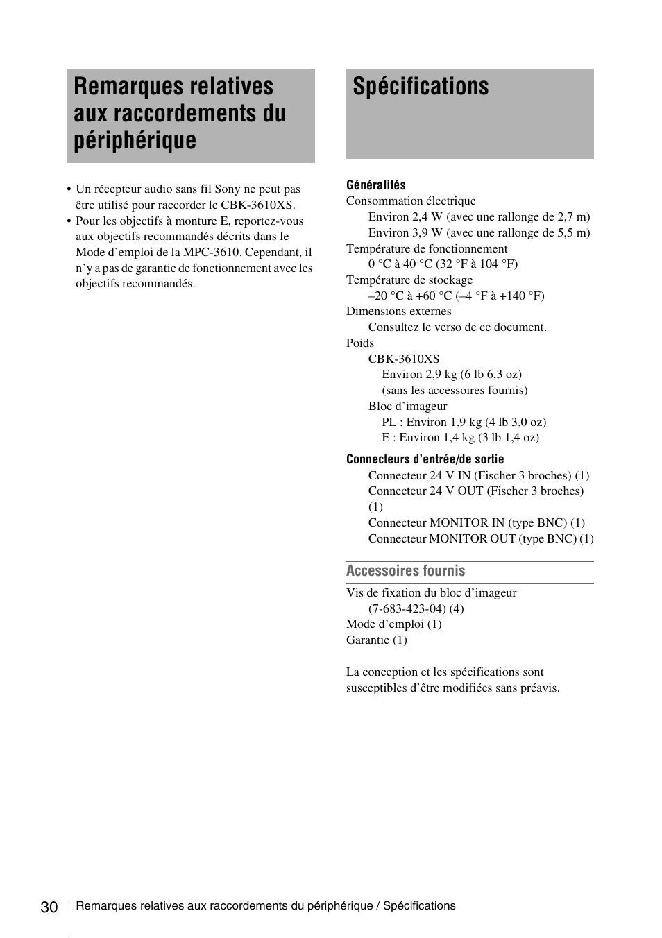 Spécifications | Sony FA-WRC1M Wireless Radio Commander User Manual | Page 30 / 81