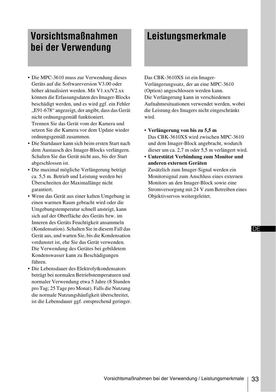 Vorsichtsmaßnahmen bei der verwendung, Leistungsmerkmale | Sony FA-WRC1M Wireless Radio Commander User Manual | Page 33 / 81