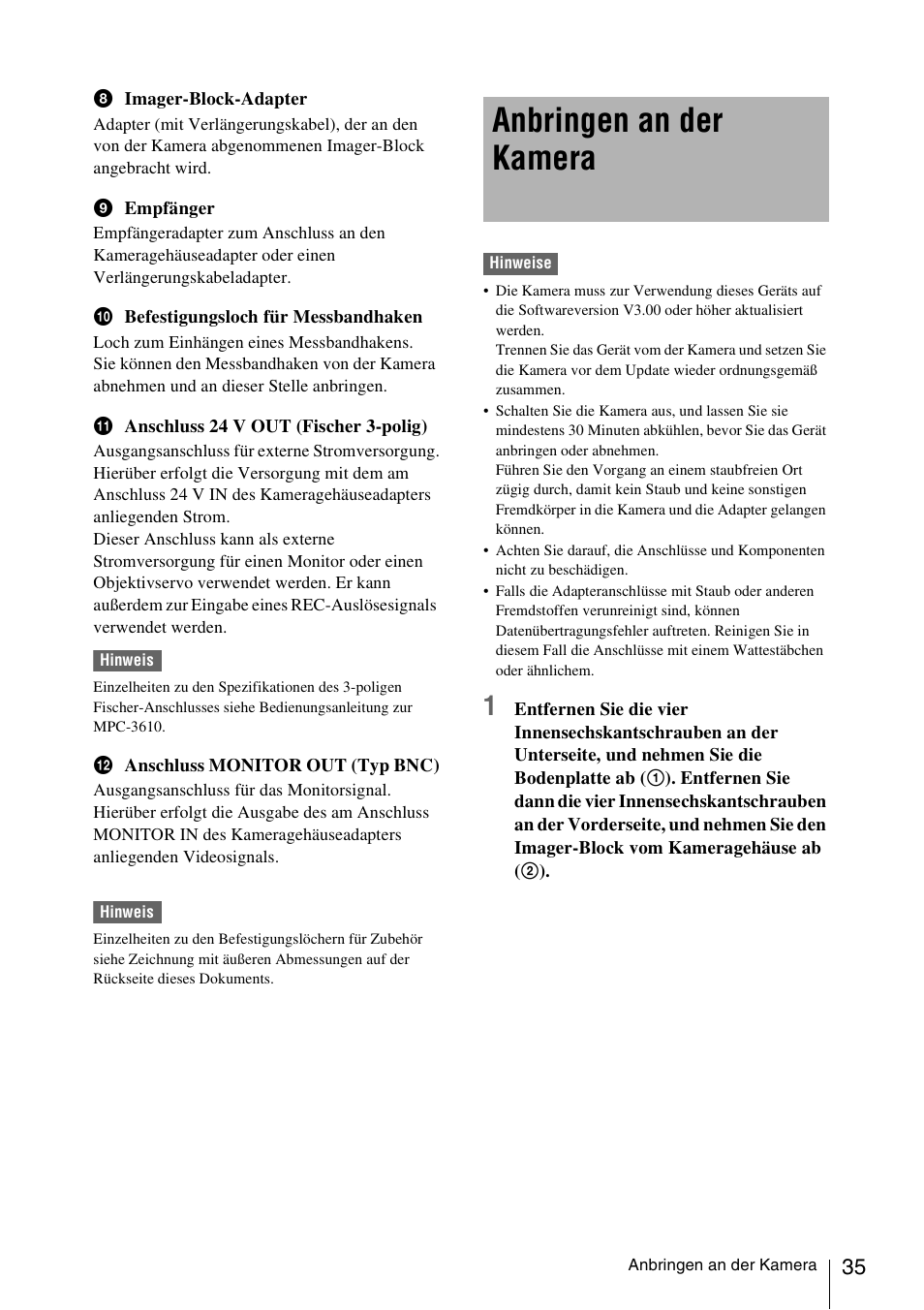 Anbringen an der kamera | Sony FA-WRC1M Wireless Radio Commander User Manual | Page 35 / 81