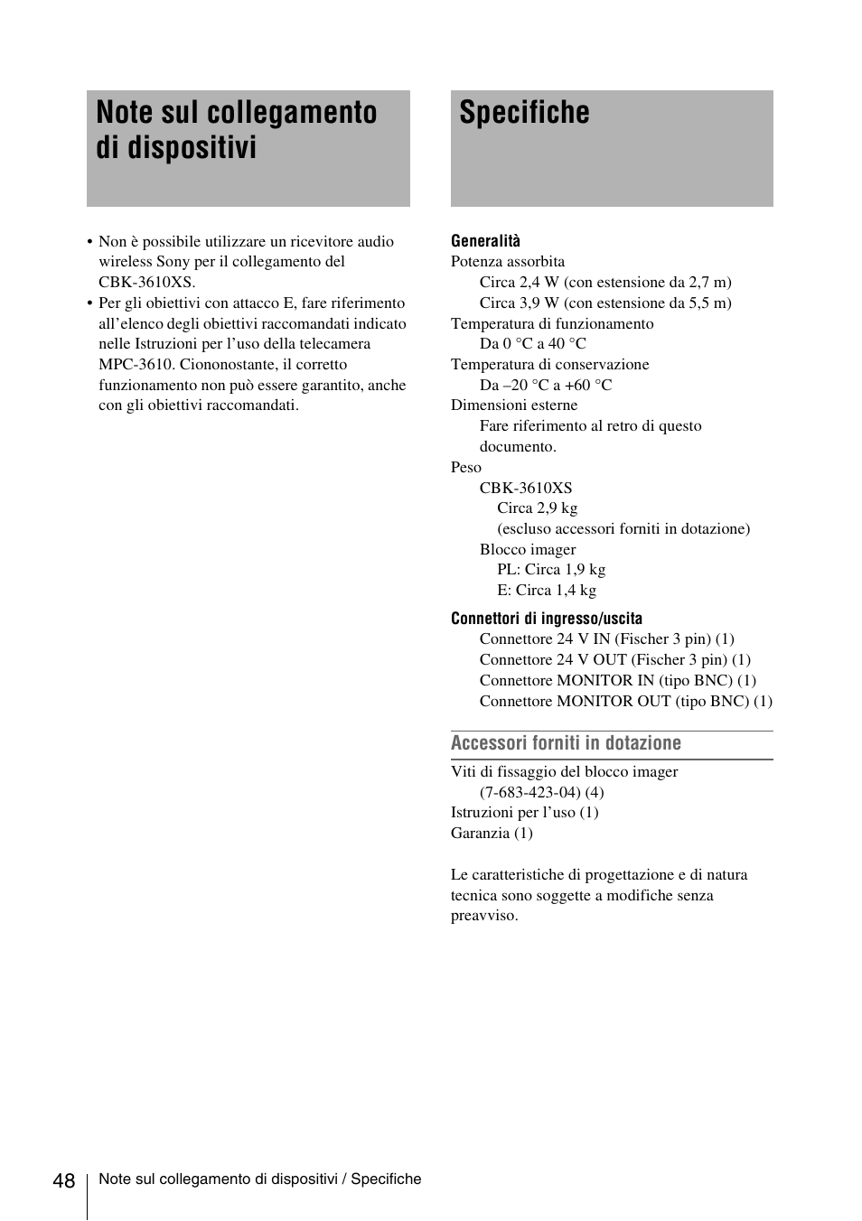 Note sul collegamento di dispositivi, Specifiche | Sony FA-WRC1M Wireless Radio Commander User Manual | Page 48 / 81