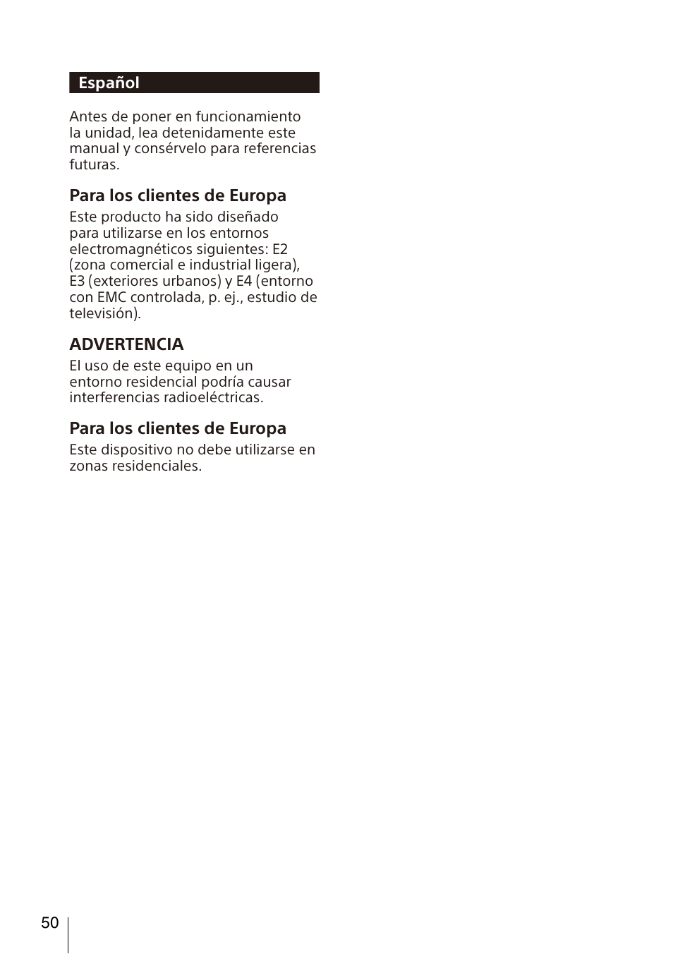 Para los clientes de europa, Advertencia, Español | Sony FA-WRC1M Wireless Radio Commander User Manual | Page 50 / 81