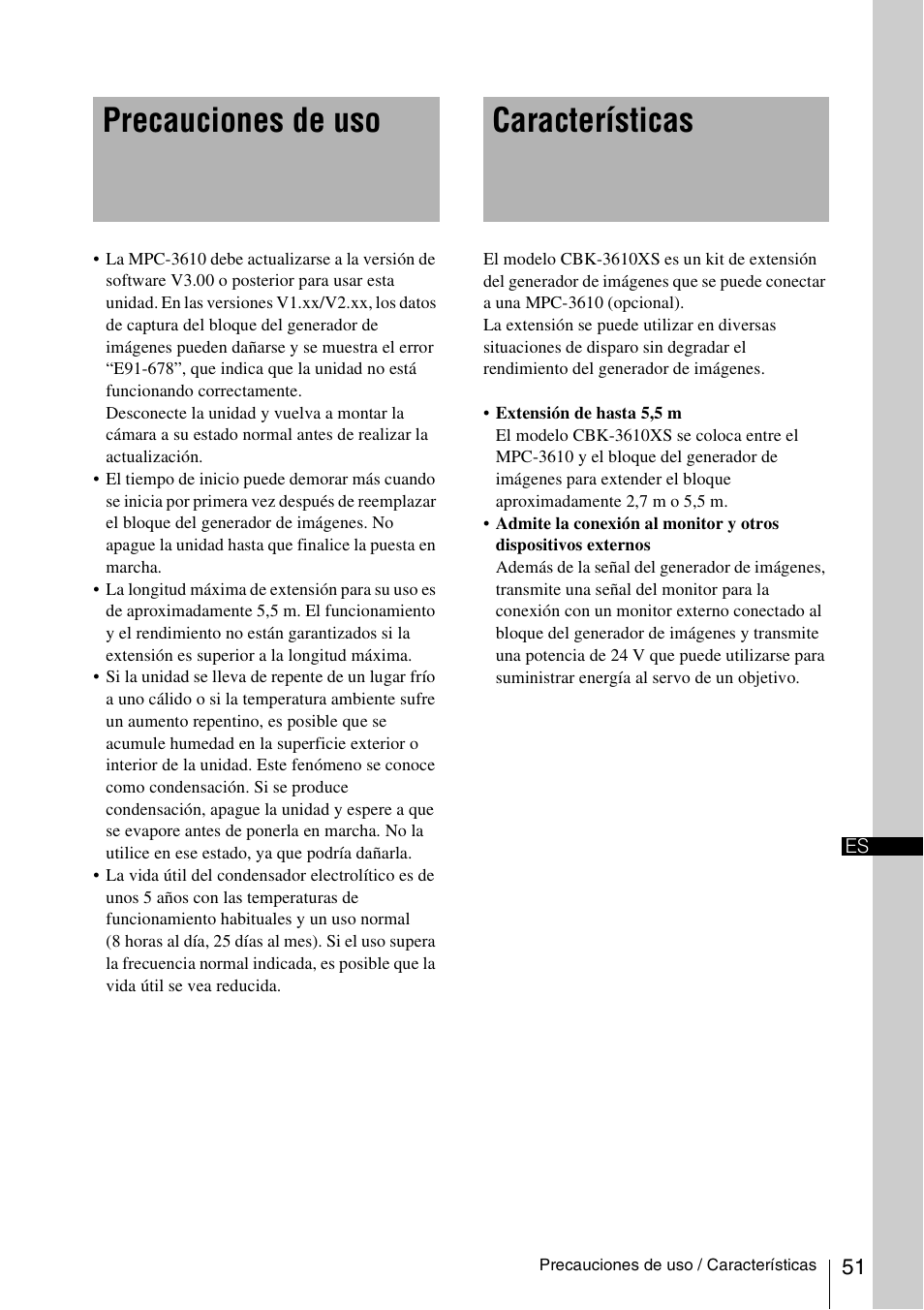 Precauciones de uso, Características, Precauciones de uso características | Sony FA-WRC1M Wireless Radio Commander User Manual | Page 51 / 81
