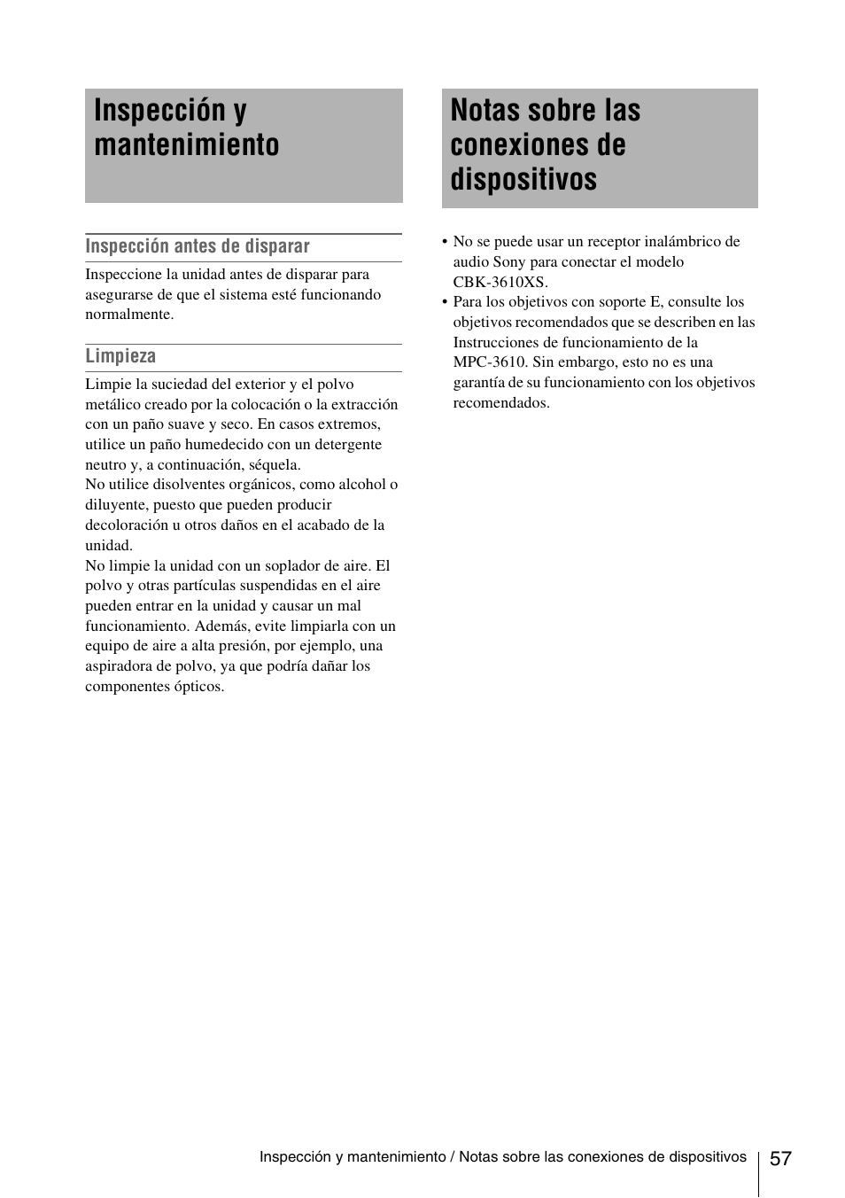 Inspección y mantenimiento, Notas sobre las conexiones de dispositivos | Sony FA-WRC1M Wireless Radio Commander User Manual | Page 57 / 81