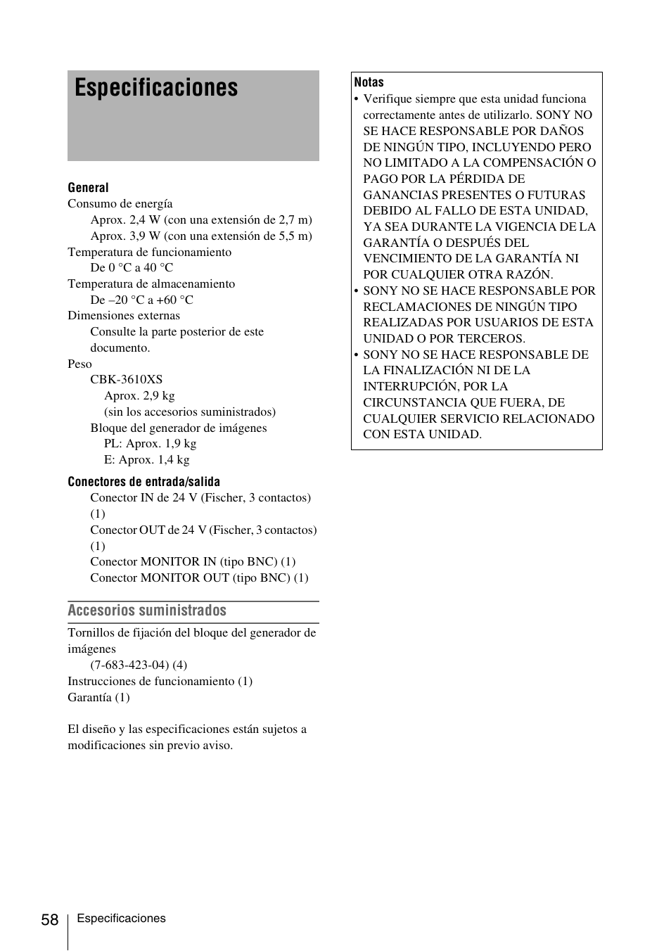 Especificaciones | Sony FA-WRC1M Wireless Radio Commander User Manual | Page 58 / 81