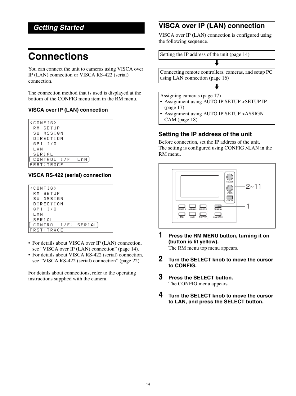 Getting started, Connections, Visca over ip (lan) connection | Sony WI-1000XM2 Noise-Canceling Wireless In-Ear Headphones (Black) User Manual | Page 14 / 62