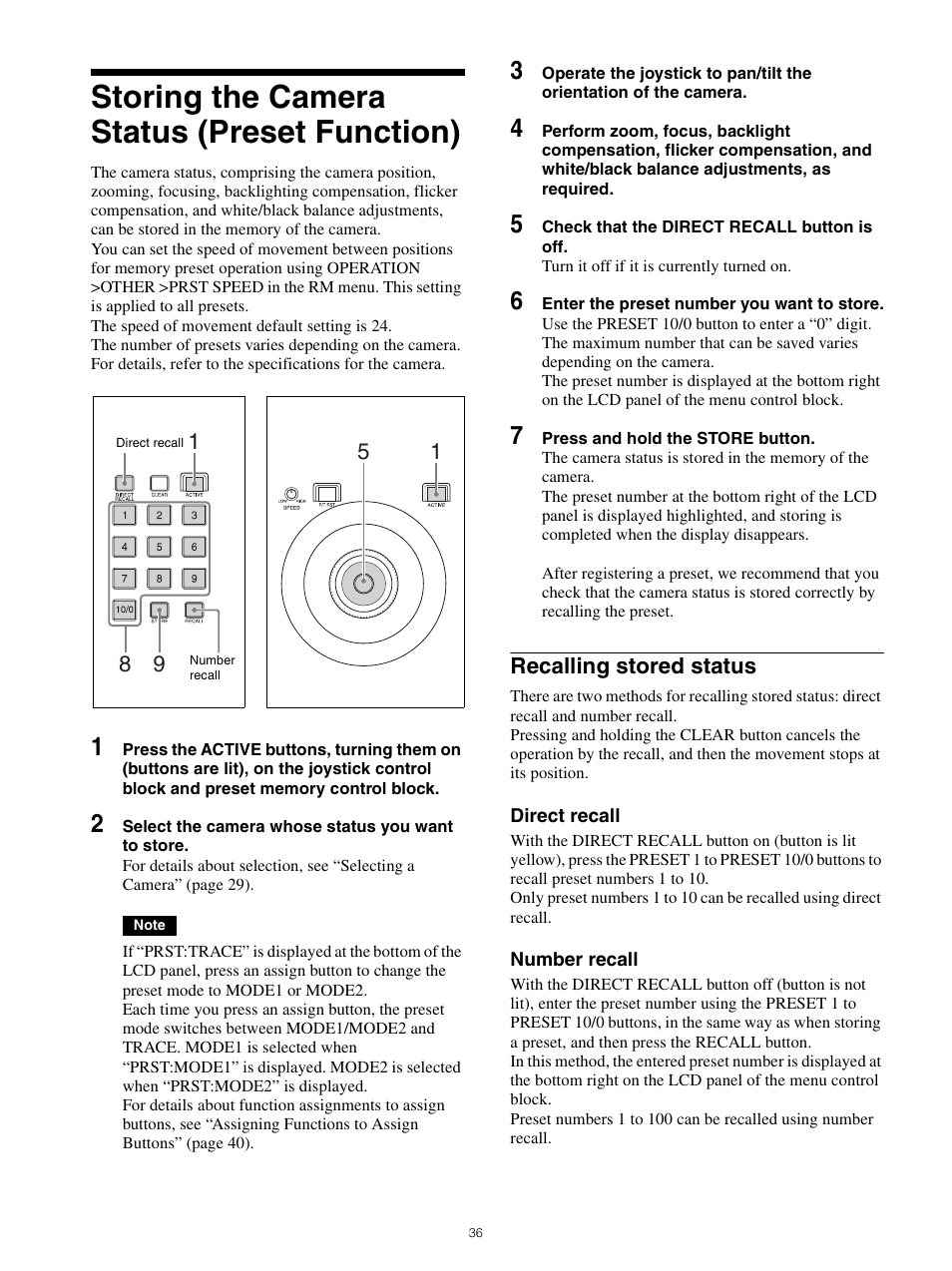 Storing the camera status (preset function), Recalling stored status, See “storing the | Sony WI-1000XM2 Noise-Canceling Wireless In-Ear Headphones (Black) User Manual | Page 36 / 62
