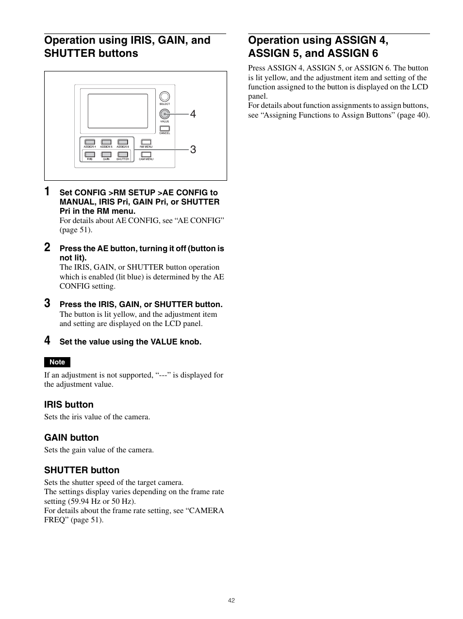 Operation using iris, gain, and shutter, Buttons, Operation using assign 4, assign 5, and | Assign 6, Operation using iris, gain, and shutter buttons, Operation using assign 4, assign 5, and assign 6 | Sony WI-1000XM2 Noise-Canceling Wireless In-Ear Headphones (Black) User Manual | Page 42 / 62