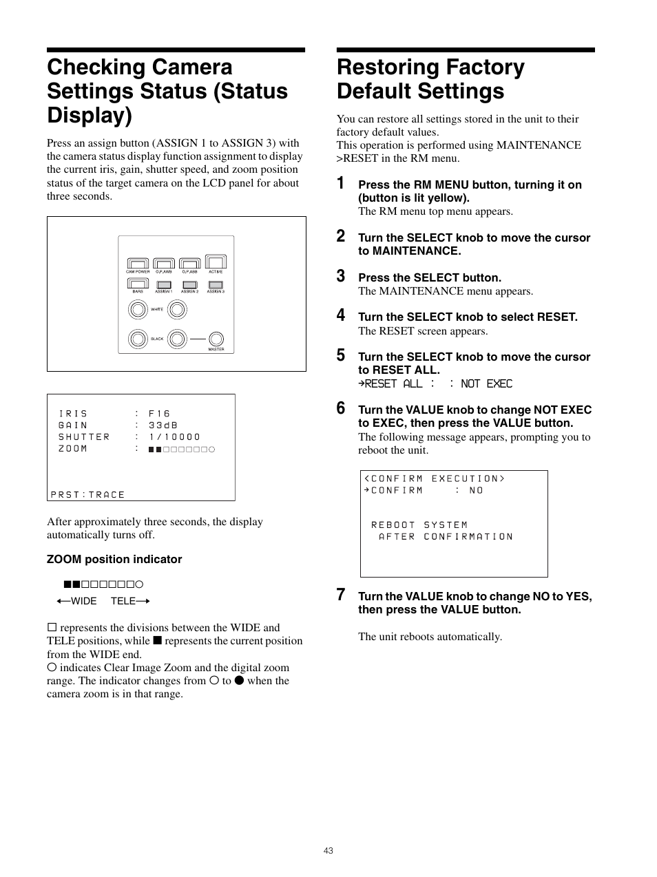 Checking camera settings status (status display), Restoring factory default settings | Sony WI-1000XM2 Noise-Canceling Wireless In-Ear Headphones (Black) User Manual | Page 43 / 62