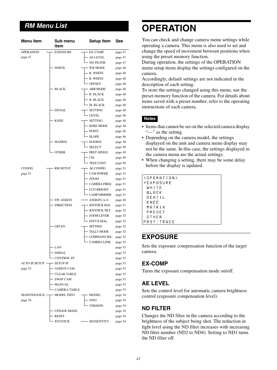 Rm menu list, Operation, Exposure | Ex-comp, Ae level, Nd filter, Turns the exposure compensation mode on/off | Sony WI-1000XM2 Noise-Canceling Wireless In-Ear Headphones (Black) User Manual | Page 47 / 62