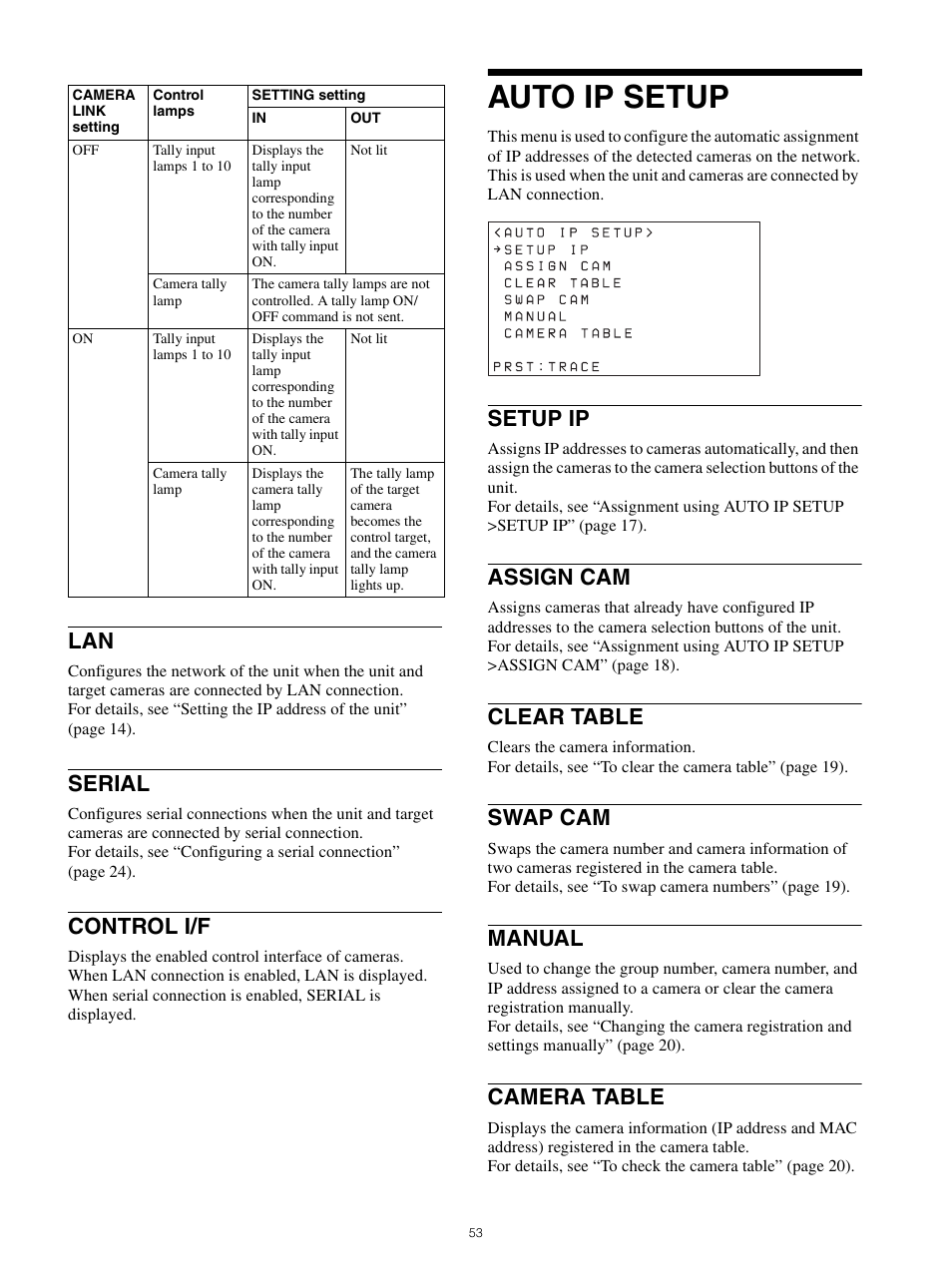 Auto ip setup, Lan serial control i/f, Serial | Control i/f, Setup ip, Assign cam, Clear table, Swap cam, Manual, Camera table | Sony WI-1000XM2 Noise-Canceling Wireless In-Ear Headphones (Black) User Manual | Page 53 / 62