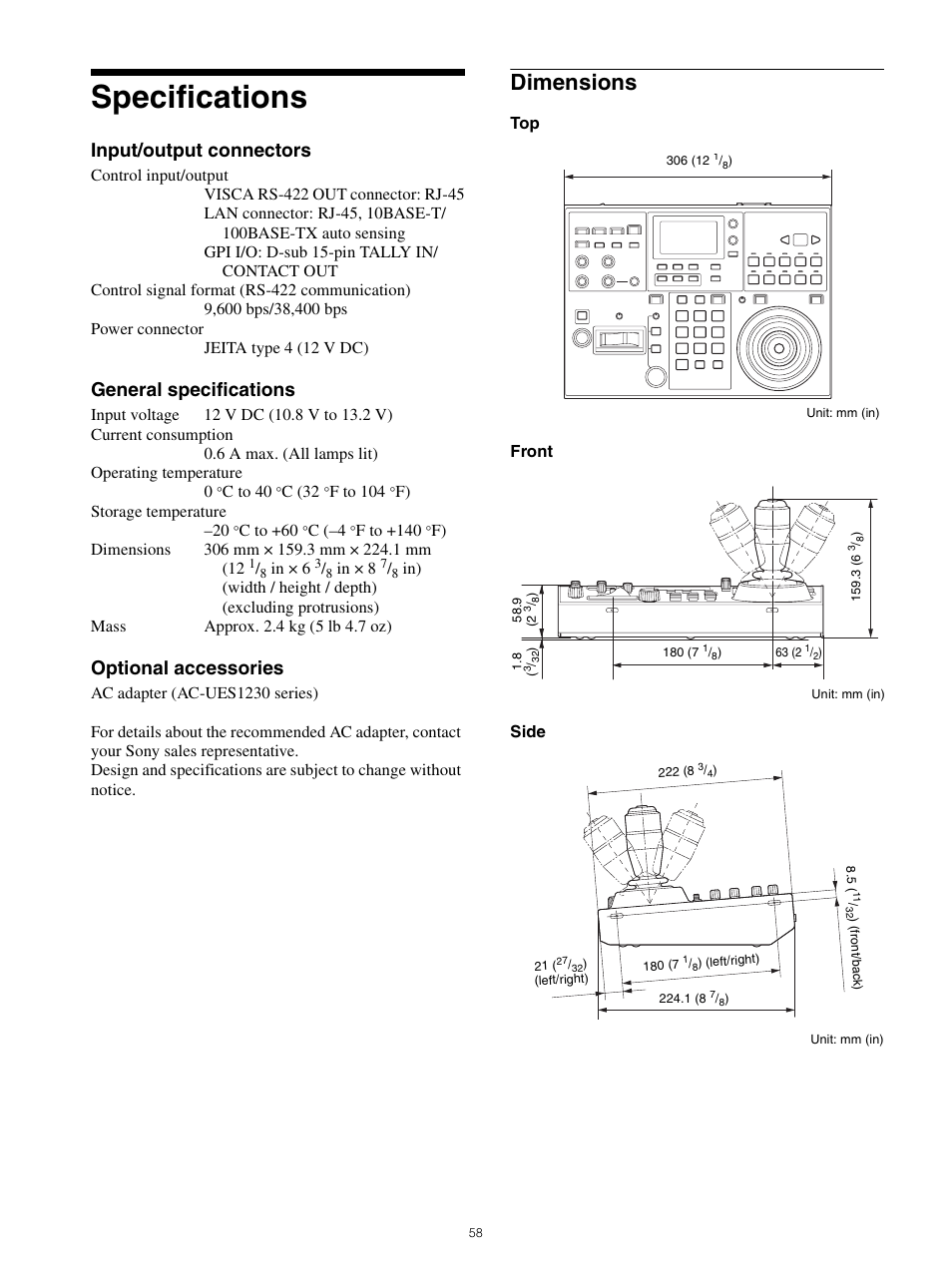 Specifications, Dimensions, Input/output connectors | General specifications, Optional accessories | Sony WI-1000XM2 Noise-Canceling Wireless In-Ear Headphones (Black) User Manual | Page 58 / 62