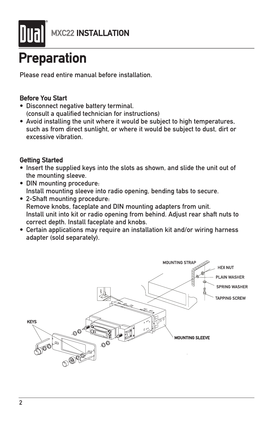 Preparation, Mxc22 installation | Dual MXC22 User Manual | Page 2 / 8