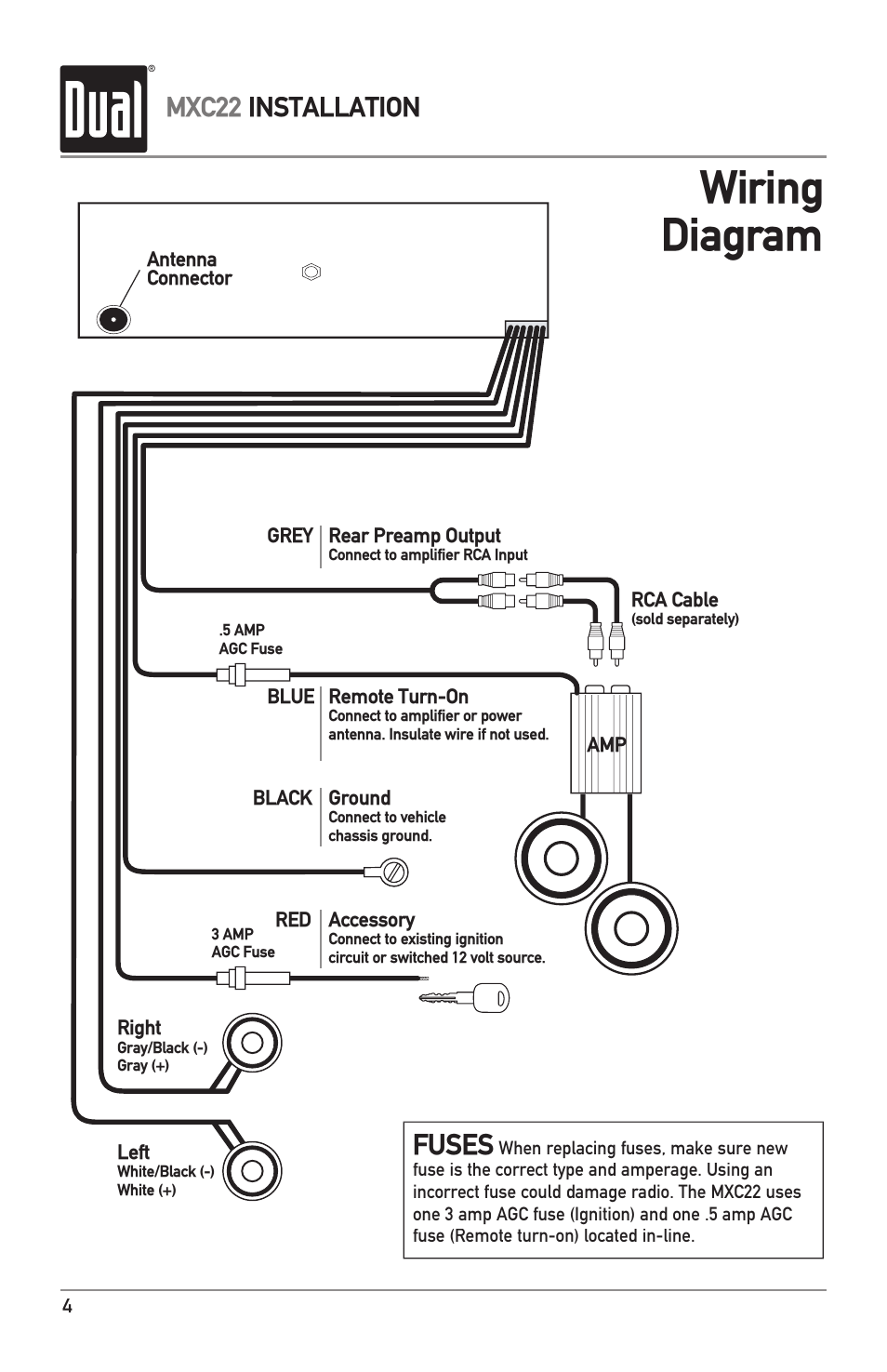 Wiring diagram, Fuses, Mxc22 installation | Dual MXC22 User Manual | Page 4 / 8
