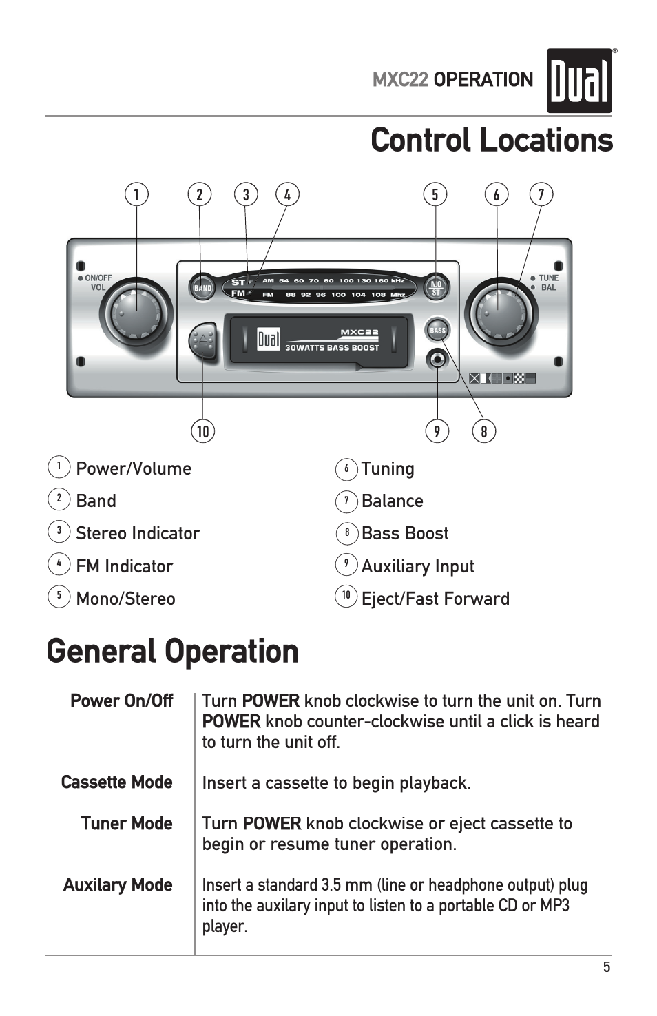 Control locations, General operation, Mxc22 operation | Dual MXC22 User Manual | Page 5 / 8