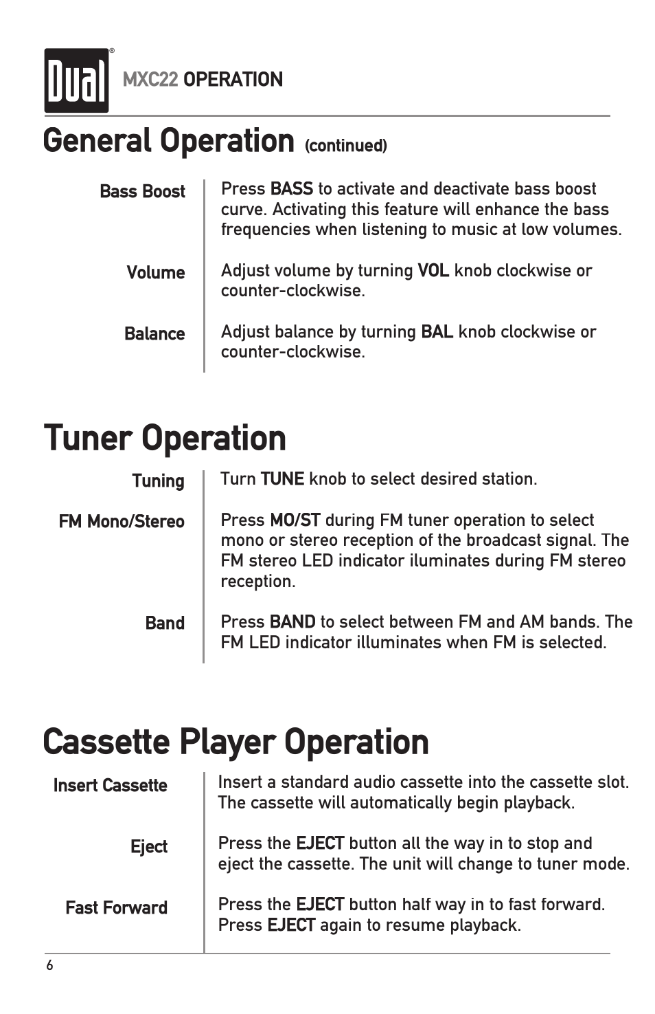 Cassette player operation, Tuner operation, General operation | Dual MXC22 User Manual | Page 6 / 8