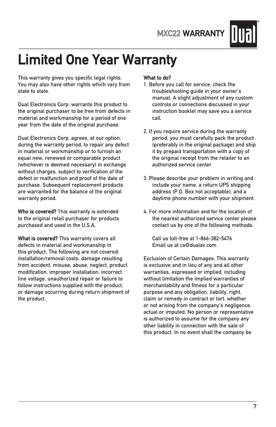 Limited one year warranty, Mxc22 warranty | Dual MXC22 User Manual | Page 7 / 8