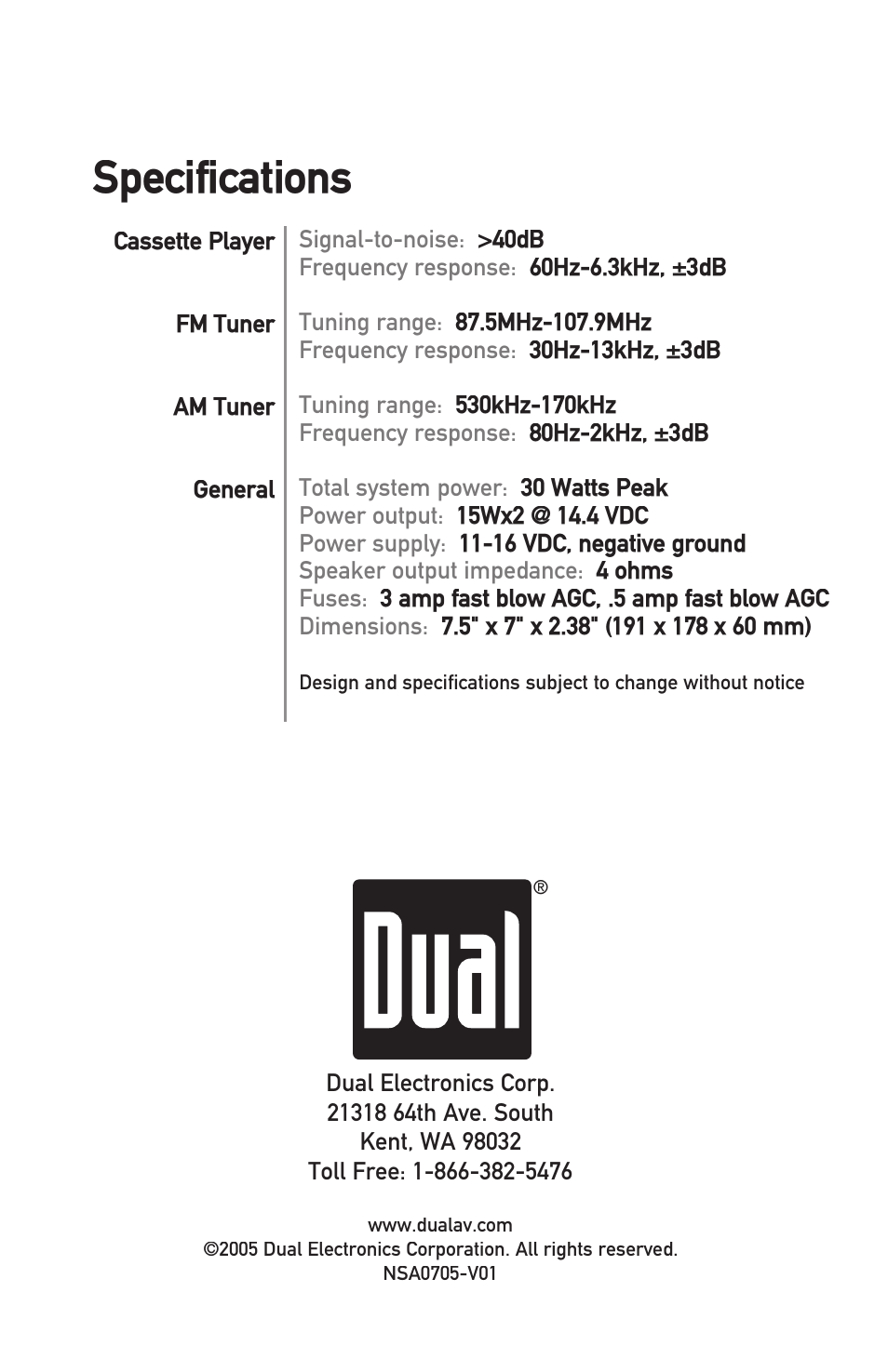 Specifications | Dual MXC22 User Manual | Page 8 / 8