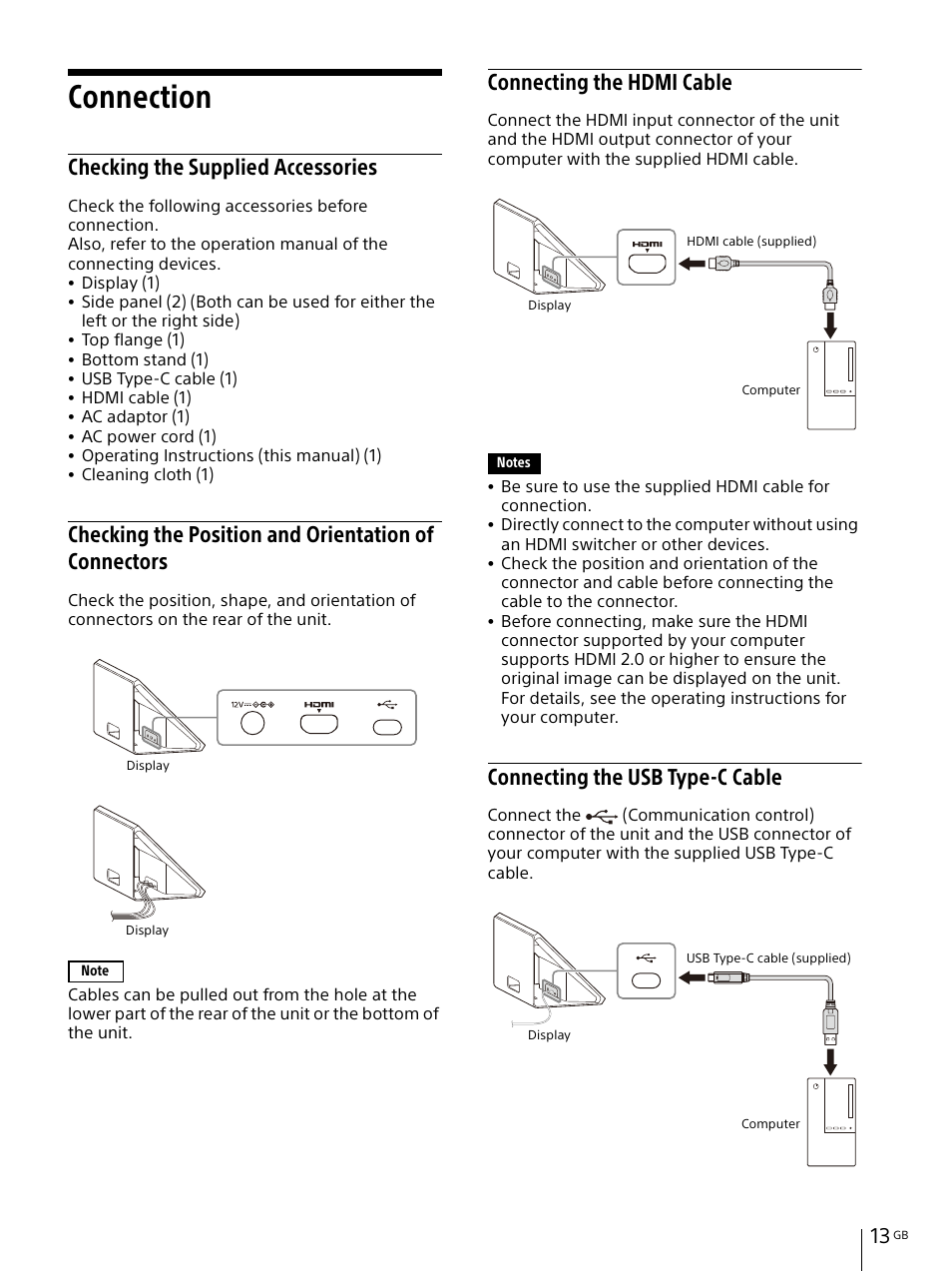 Connection, Checking the supplied accessories, Connecting the hdmi cable | Connecting the usb type-c cable | Sony IER-M7 In-Ear Monitor Headphones User Manual | Page 13 / 24