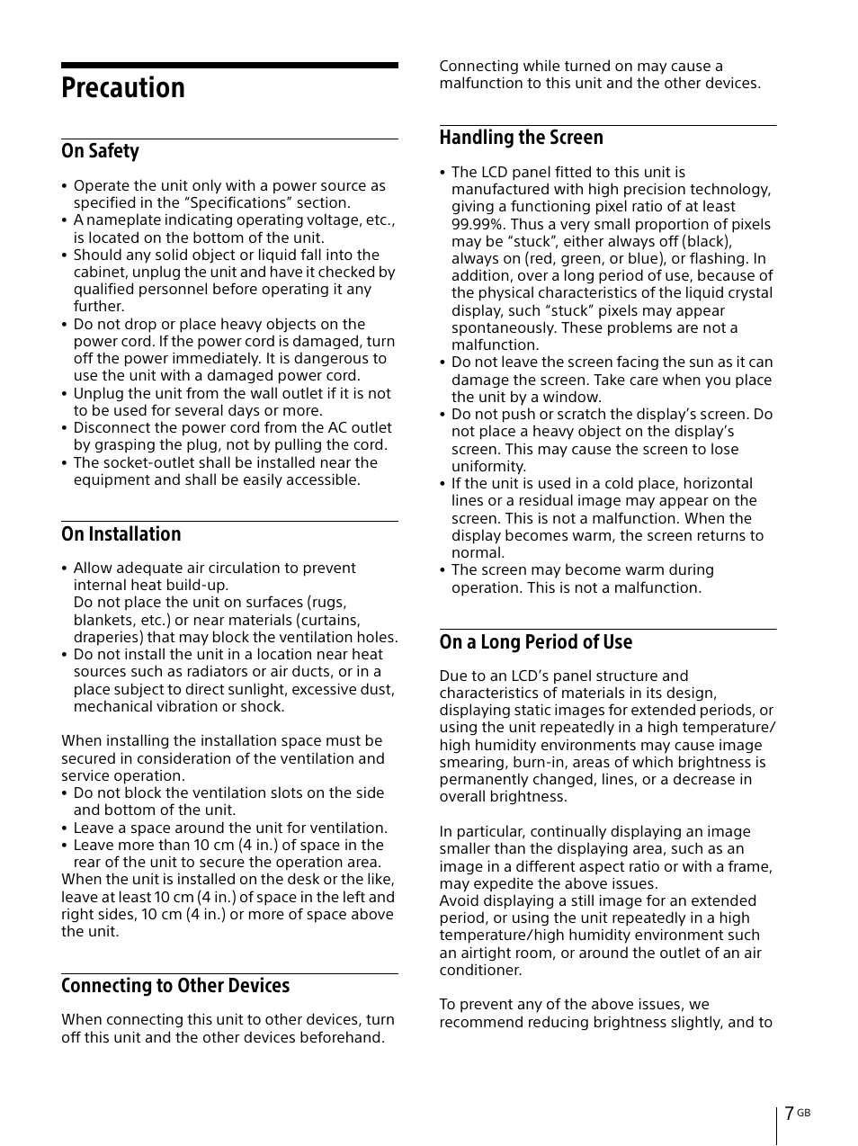 Precaution, On safety, On installation | Connecting to other devices, Handling the screen, On a long period of use | Sony IER-M7 In-Ear Monitor Headphones User Manual | Page 7 / 24