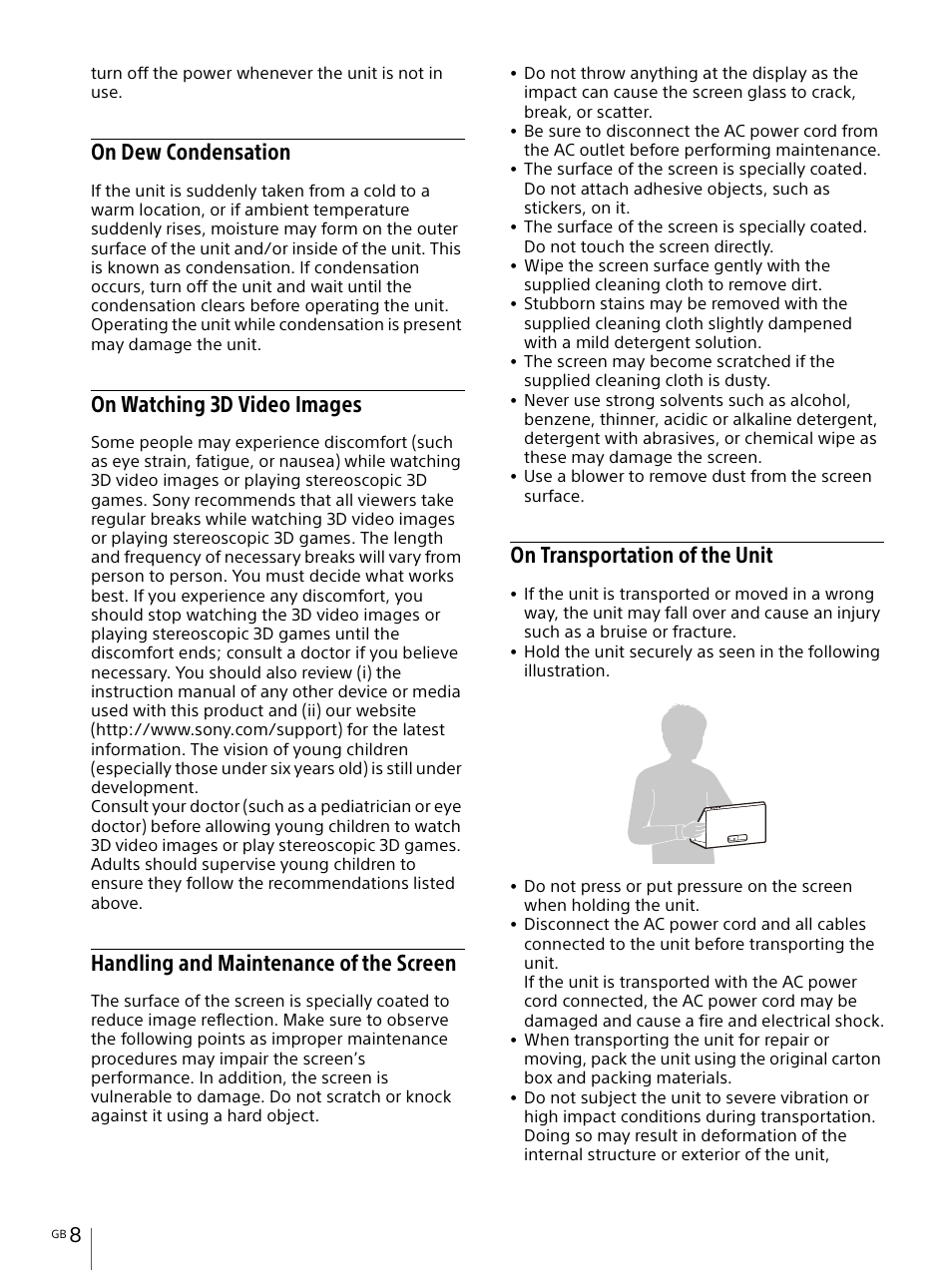 On dew condensation, On watching 3d video images, Handling and maintenance of the screen | On transportation of the unit | Sony IER-M7 In-Ear Monitor Headphones User Manual | Page 8 / 24