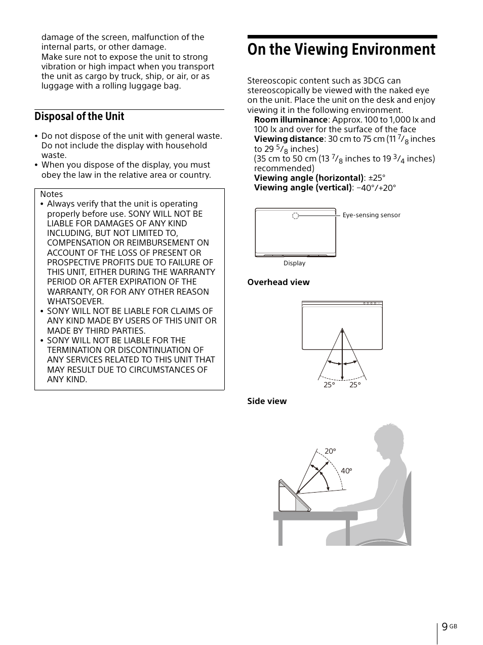 On the viewing environment, Disposal of the unit | Sony IER-M7 In-Ear Monitor Headphones User Manual | Page 9 / 24