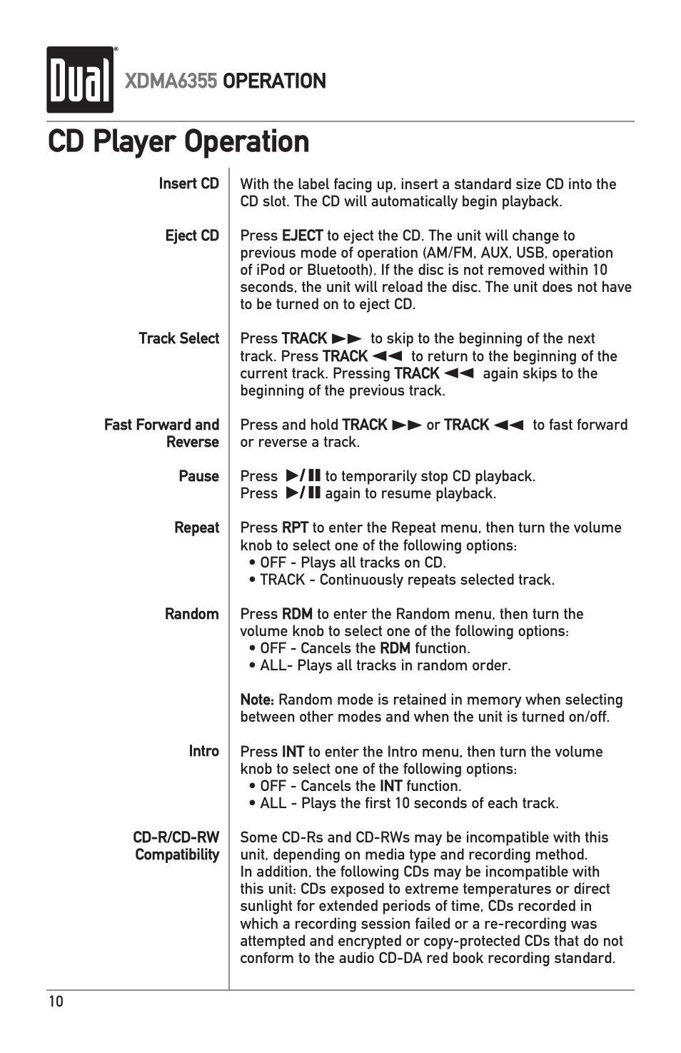 Cd player operation, Xdma6355 operation | Dual XDMA6355 User Manual | Page 10 / 32