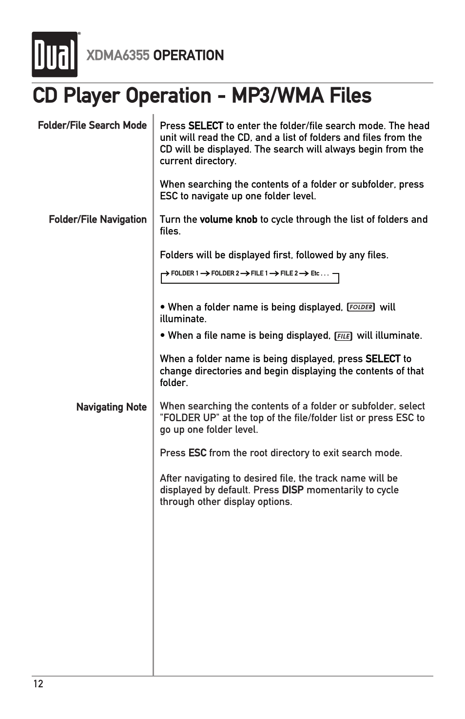 Cd player operation - mp3/wma files, Xdma6355 operation | Dual XDMA6355 User Manual | Page 12 / 32