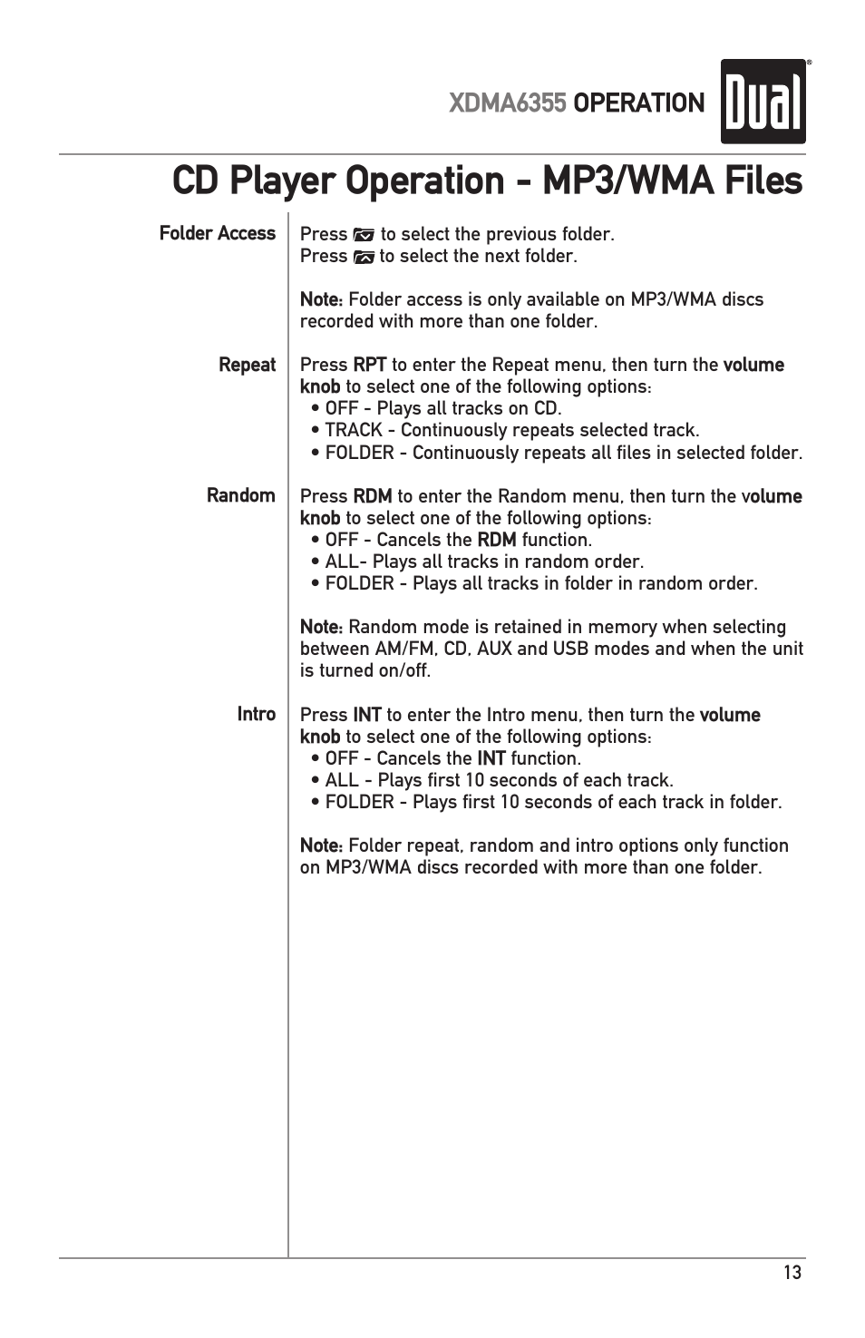 Cd player operation - mp3/wma files, Xdma6355 operation | Dual XDMA6355 User Manual | Page 13 / 32