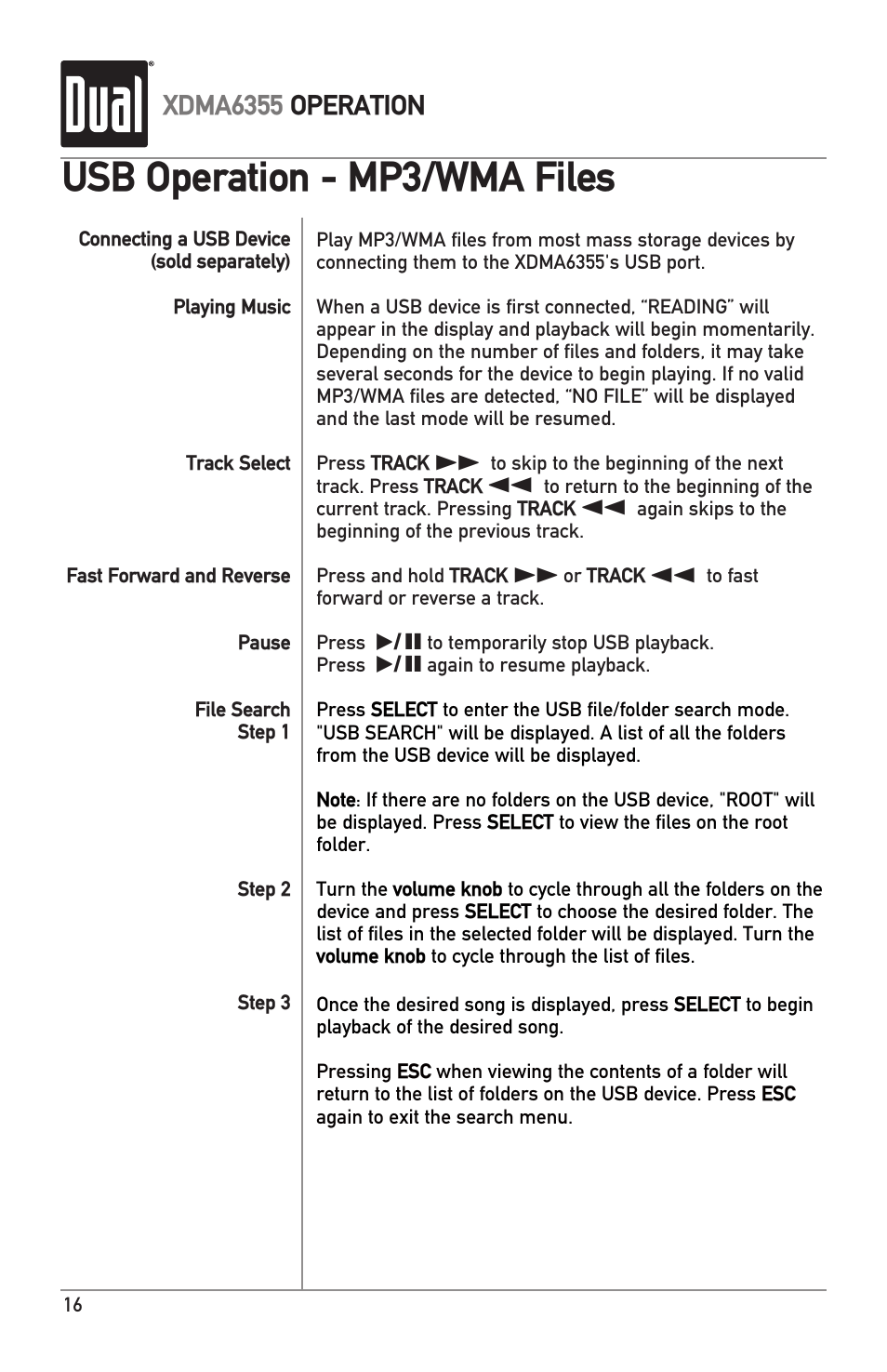 Usb operation - mp3/wma files | Dual XDMA6355 User Manual | Page 16 / 32