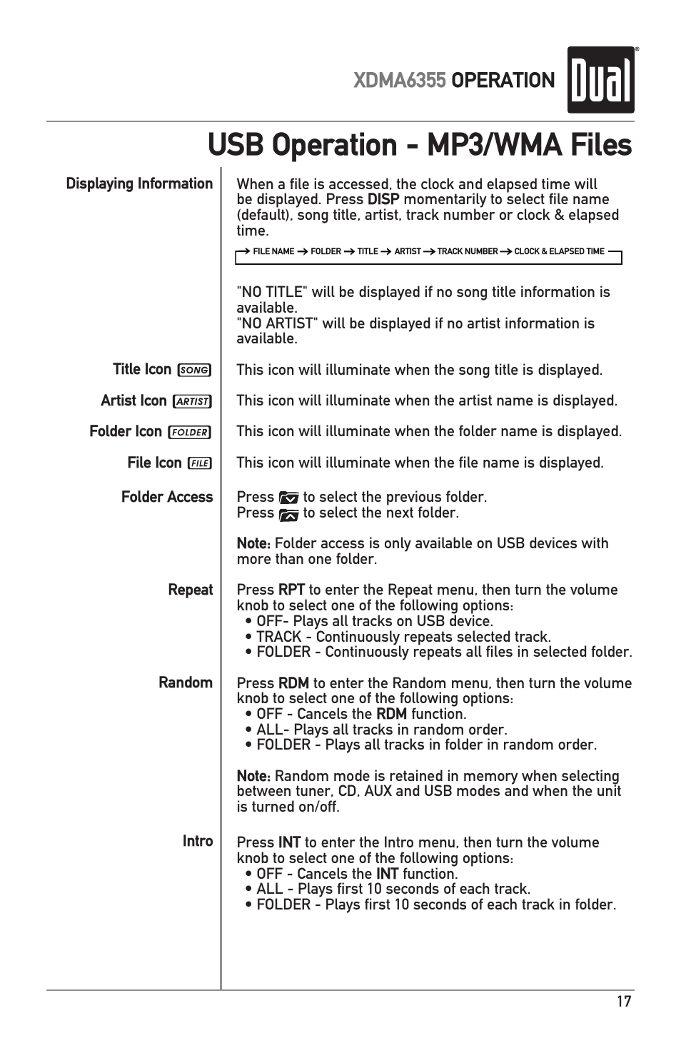 Usb operation - mp3/wma files, Xdma6355 operation | Dual XDMA6355 User Manual | Page 17 / 32