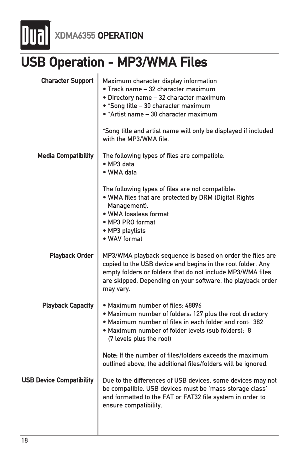 Usb operation - mp3/wma files, Xdma6355 operation | Dual XDMA6355 User Manual | Page 18 / 32