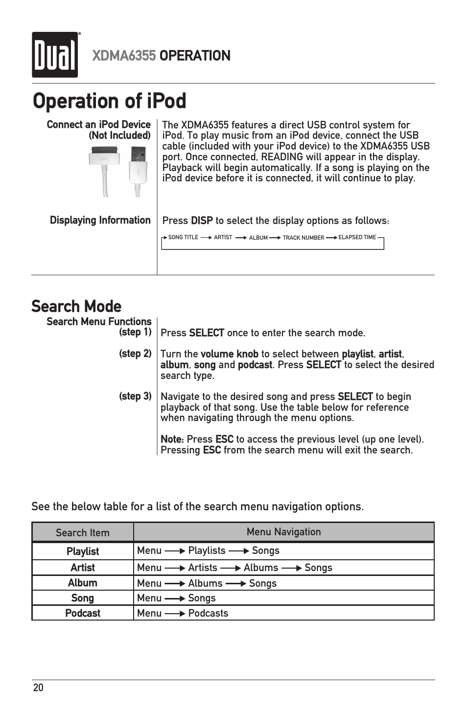 Operation of ipod, Search mode, Xdma6355 operation | Dual XDMA6355 User Manual | Page 20 / 32