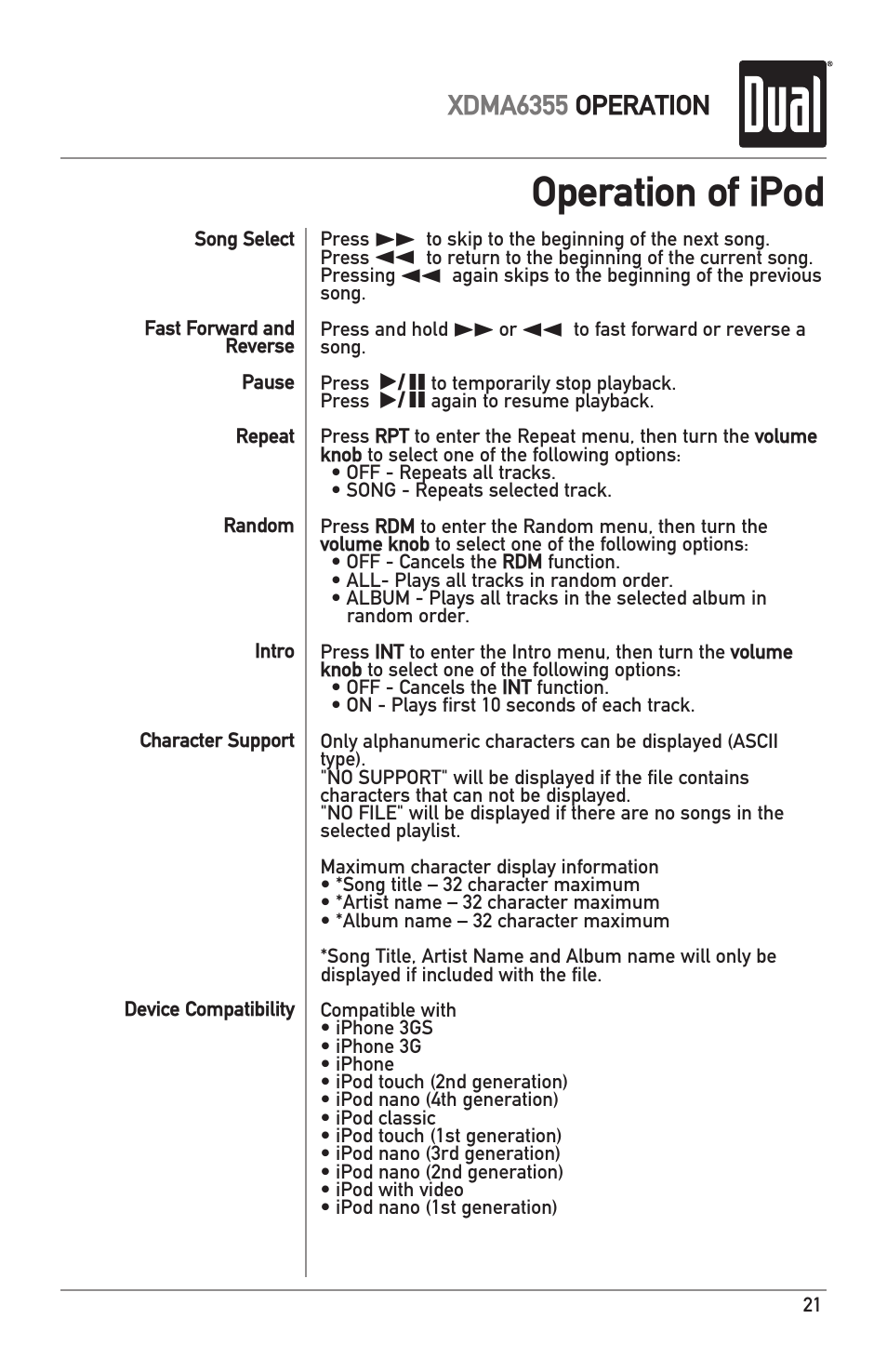 Operation of ipod, Xdma6355 operation | Dual XDMA6355 User Manual | Page 21 / 32