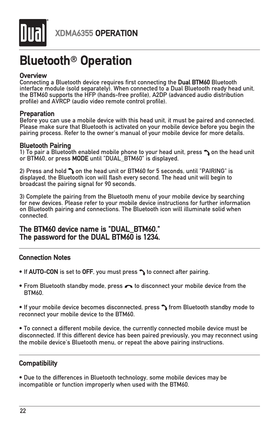 Bluetooth, Operation, Xdma6355 operation | Dual XDMA6355 User Manual | Page 22 / 32