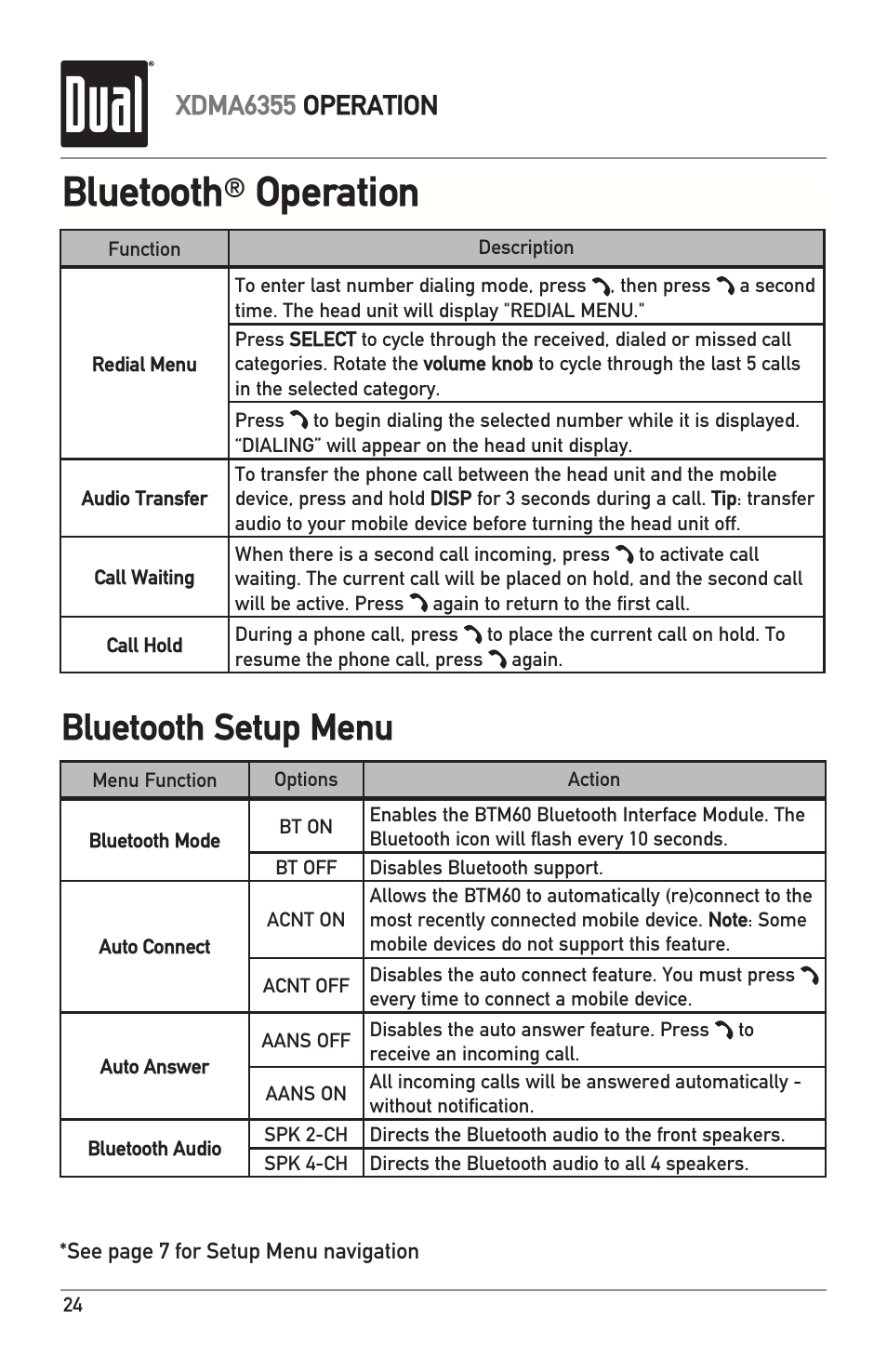 Bluetooth, Operation, Bluetooth setup menu | Xdma6355 operation | Dual XDMA6355 User Manual | Page 24 / 32
