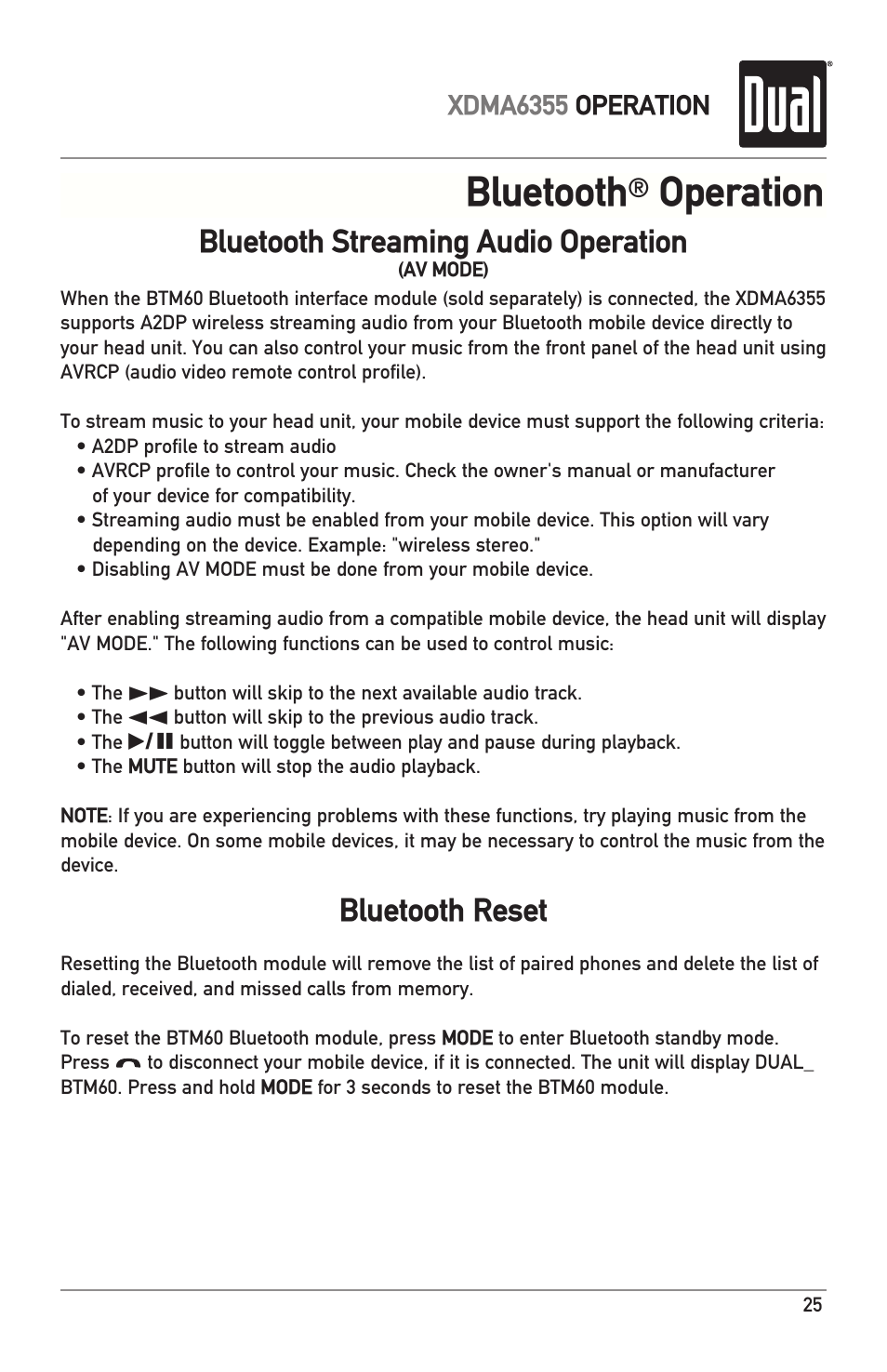Bluetooth, Operation, Bluetooth reset | Bluetooth streaming audio operation | Dual XDMA6355 User Manual | Page 25 / 32