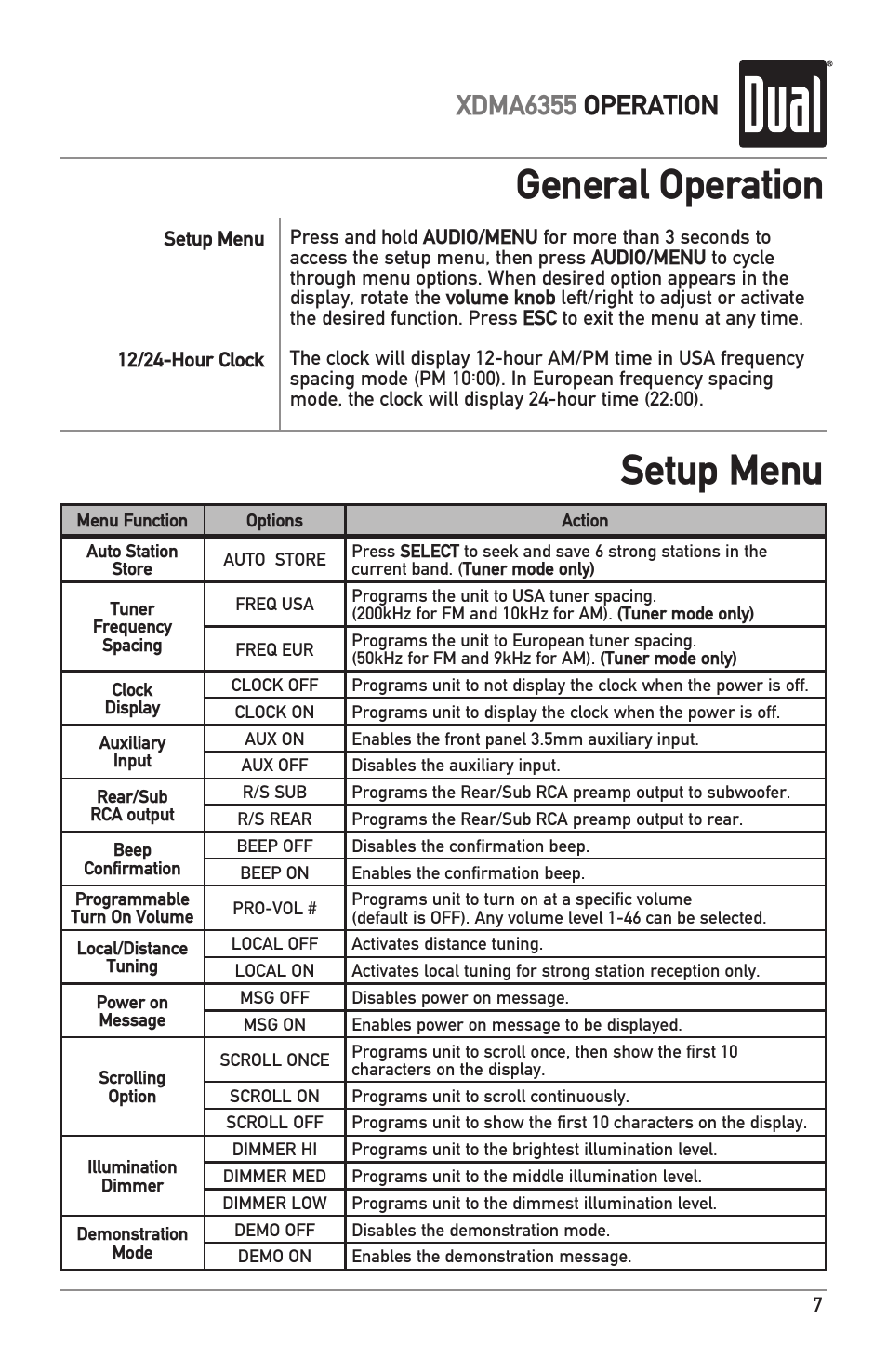 General operation setup menu, Xdma6355 operation | Dual XDMA6355 User Manual | Page 7 / 32