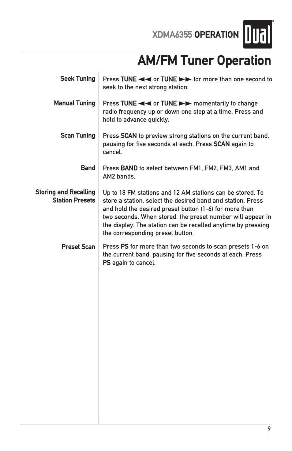 Am/fm tuner operation | Dual XDMA6355 User Manual | Page 9 / 32