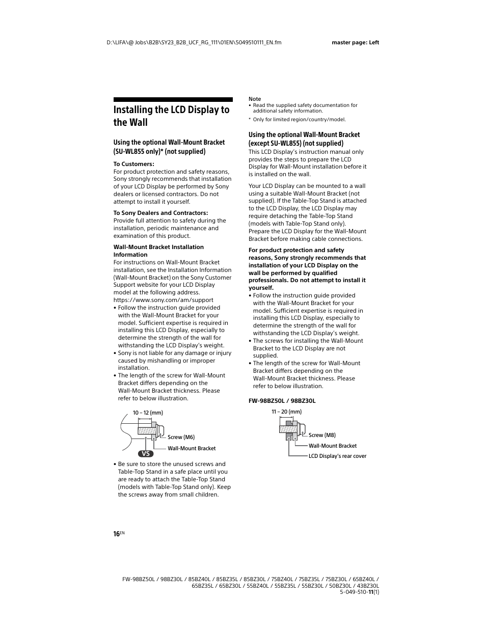 Installing the lcd display to the wall | Sony WF-1000XM5 Noise-Canceling True Wireless In-Ear Headphones (Silver) User Manual | Page 16 / 68