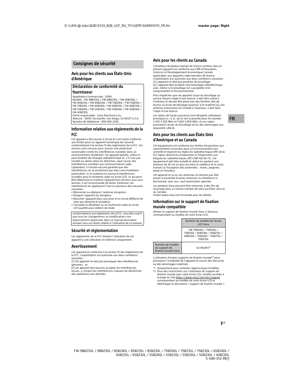 Consignes de sécurité, Gb fr, Sécurité et réglementation | Avertissement, Avis pour les clients au canada, Déclaration de conformité du fournisseur | Sony WF-1000XM5 Noise-Canceling True Wireless In-Ear Headphones (Silver) User Manual | Page 23 / 68