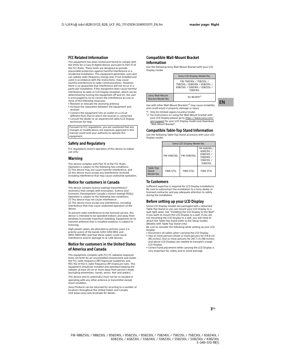 Gb en, Fcc related information, Safety and regulatory | Warning, Notice for customers in canada, Compatible wall-mount bracket information, Compatible table-top stand information, Before setting up your lcd display | Sony WF-1000XM5 Noise-Canceling True Wireless In-Ear Headphones (Silver) User Manual | Page 3 / 68