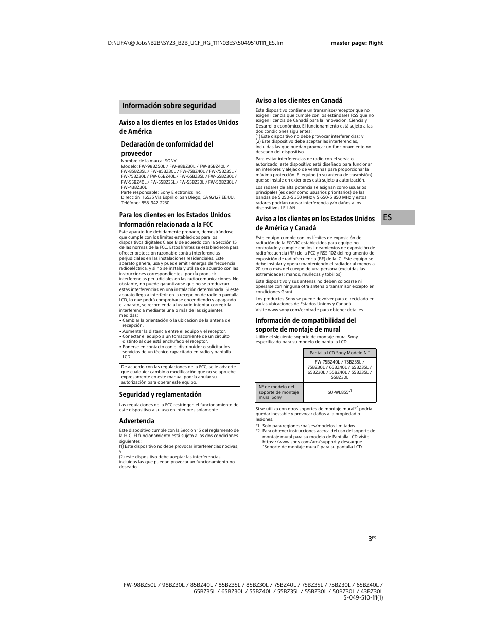 Información sobre seguridad, Seguridad y reglamentación, Advertencia | Aviso a los clientes en canadá, Declaración de conformidad del proveedor | Sony WF-1000XM5 Noise-Canceling True Wireless In-Ear Headphones (Silver) User Manual | Page 45 / 68