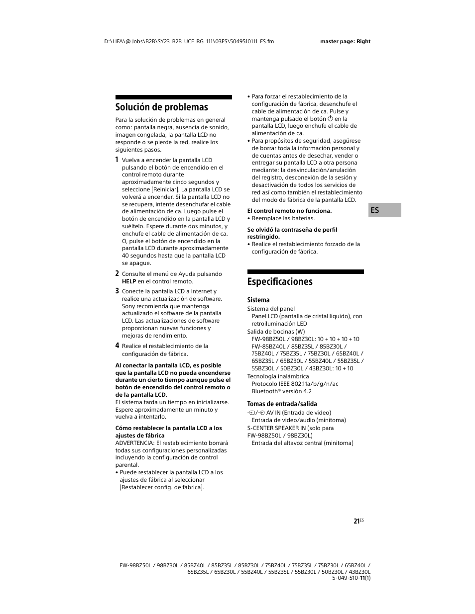 Solución de problemas, Especificaciones | Sony WF-1000XM5 Noise-Canceling True Wireless In-Ear Headphones (Silver) User Manual | Page 63 / 68