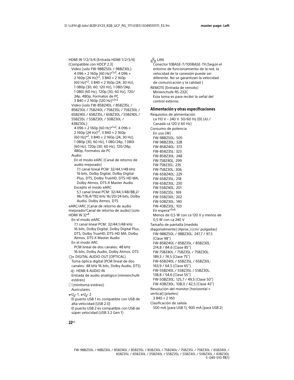 Alimentación y otras especificaciones | Sony WF-1000XM5 Noise-Canceling True Wireless In-Ear Headphones (Silver) User Manual | Page 64 / 68