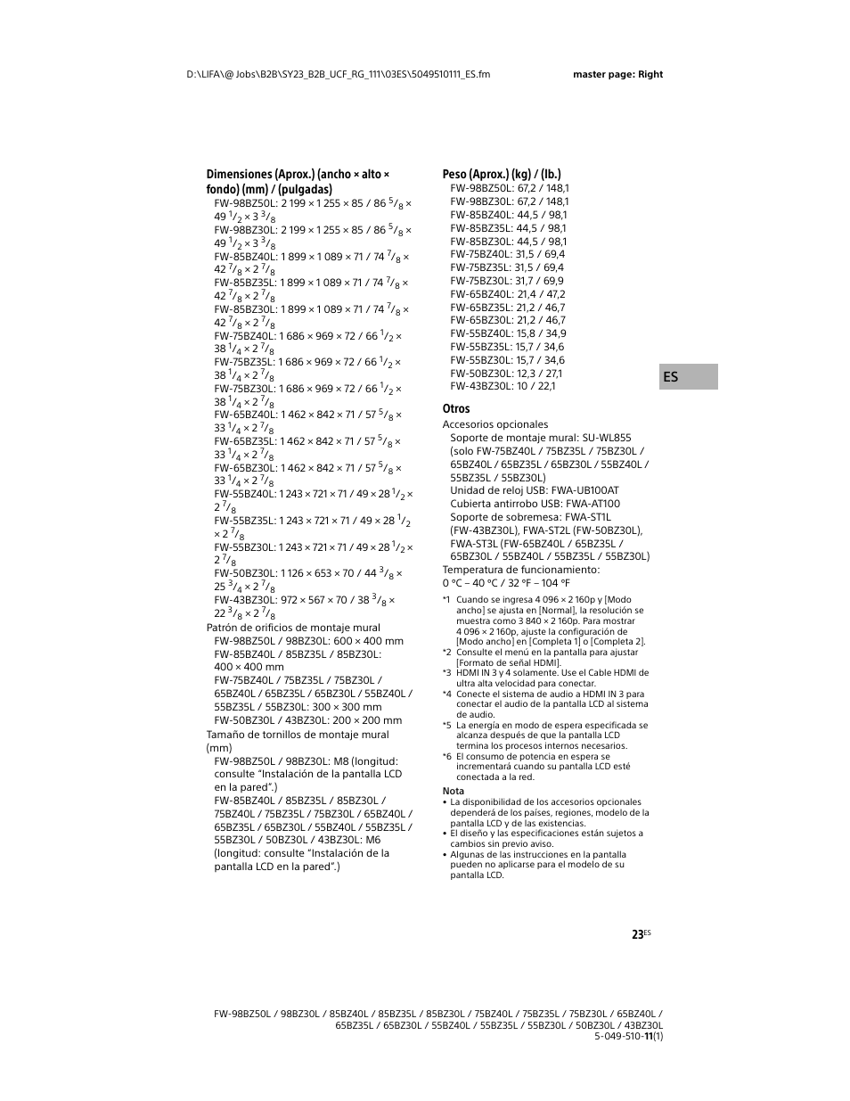 Peso (aprox.) (kg) / (lb.), Otros | Sony WF-1000XM5 Noise-Canceling True Wireless In-Ear Headphones (Silver) User Manual | Page 65 / 68