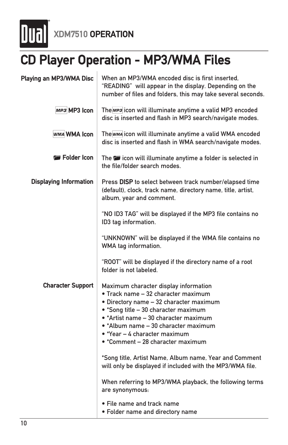 Cd player operation - mp3/wma files, Xdm7510 operation | Dual XDM7510 User Manual | Page 10 / 20