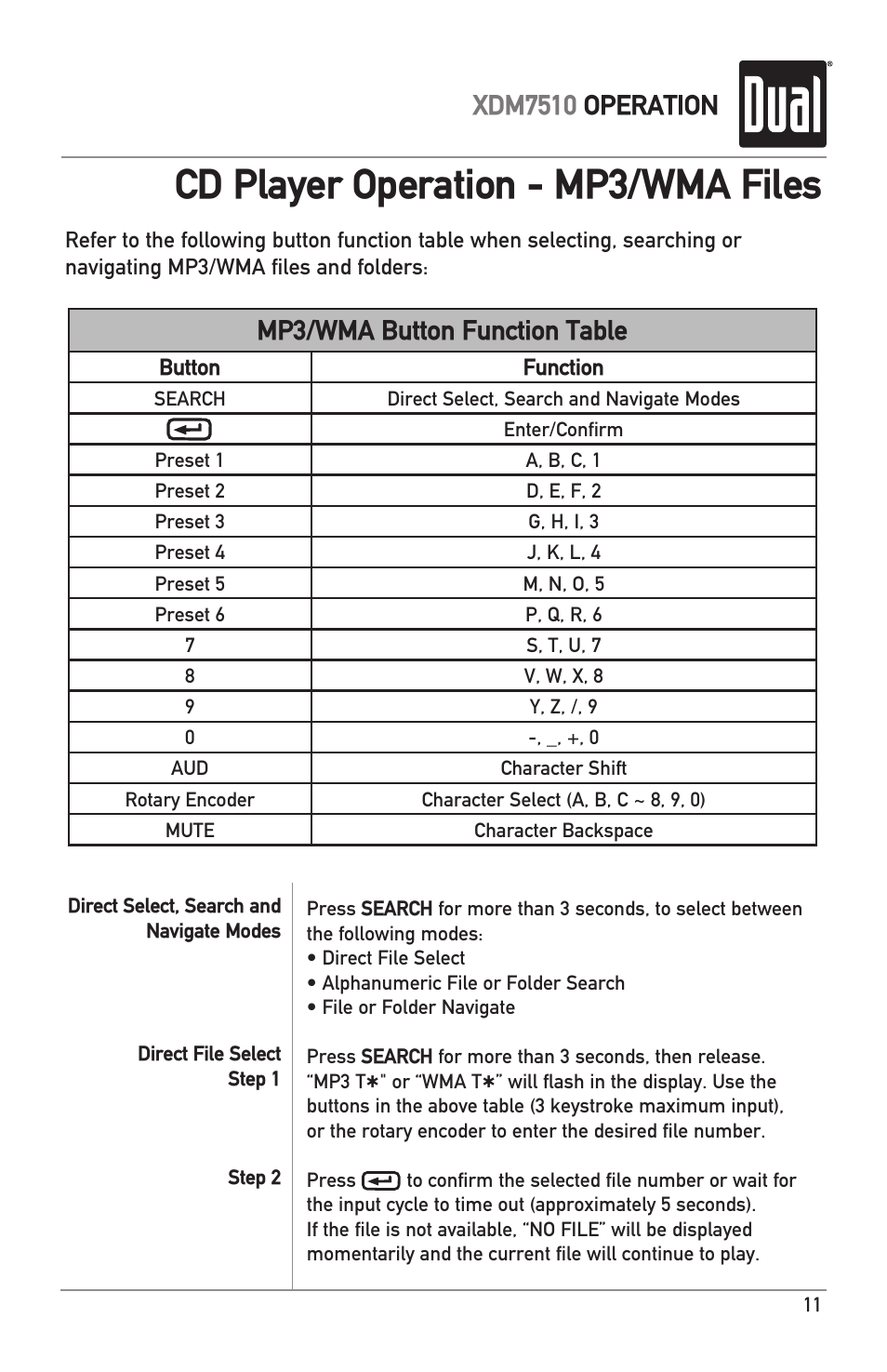 Cd player operation - mp3/wma files, Mp3/wma button function table, Xdm7510 operation | Dual XDM7510 User Manual | Page 11 / 20