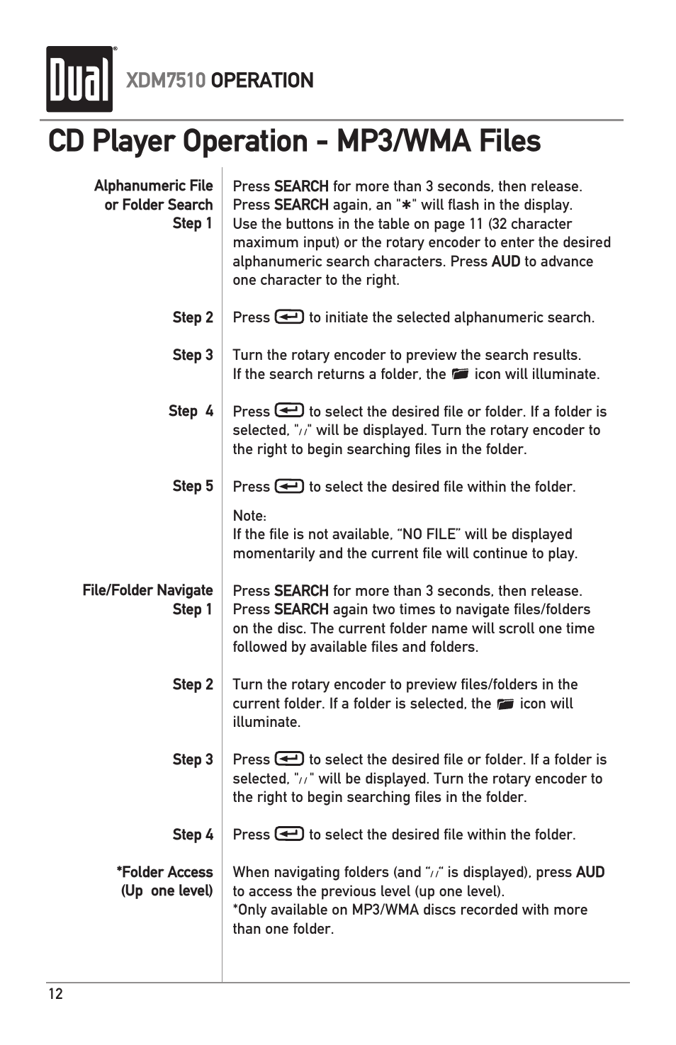 Cd player operation - mp3/wma files, Xdm7510 operation | Dual XDM7510 User Manual | Page 12 / 20