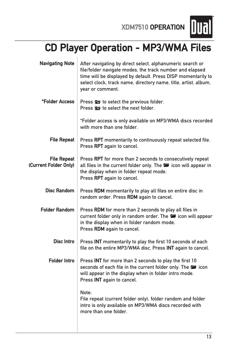 Cd player operation - mp3/wma files, Xdm7510 operation | Dual XDM7510 User Manual | Page 13 / 20